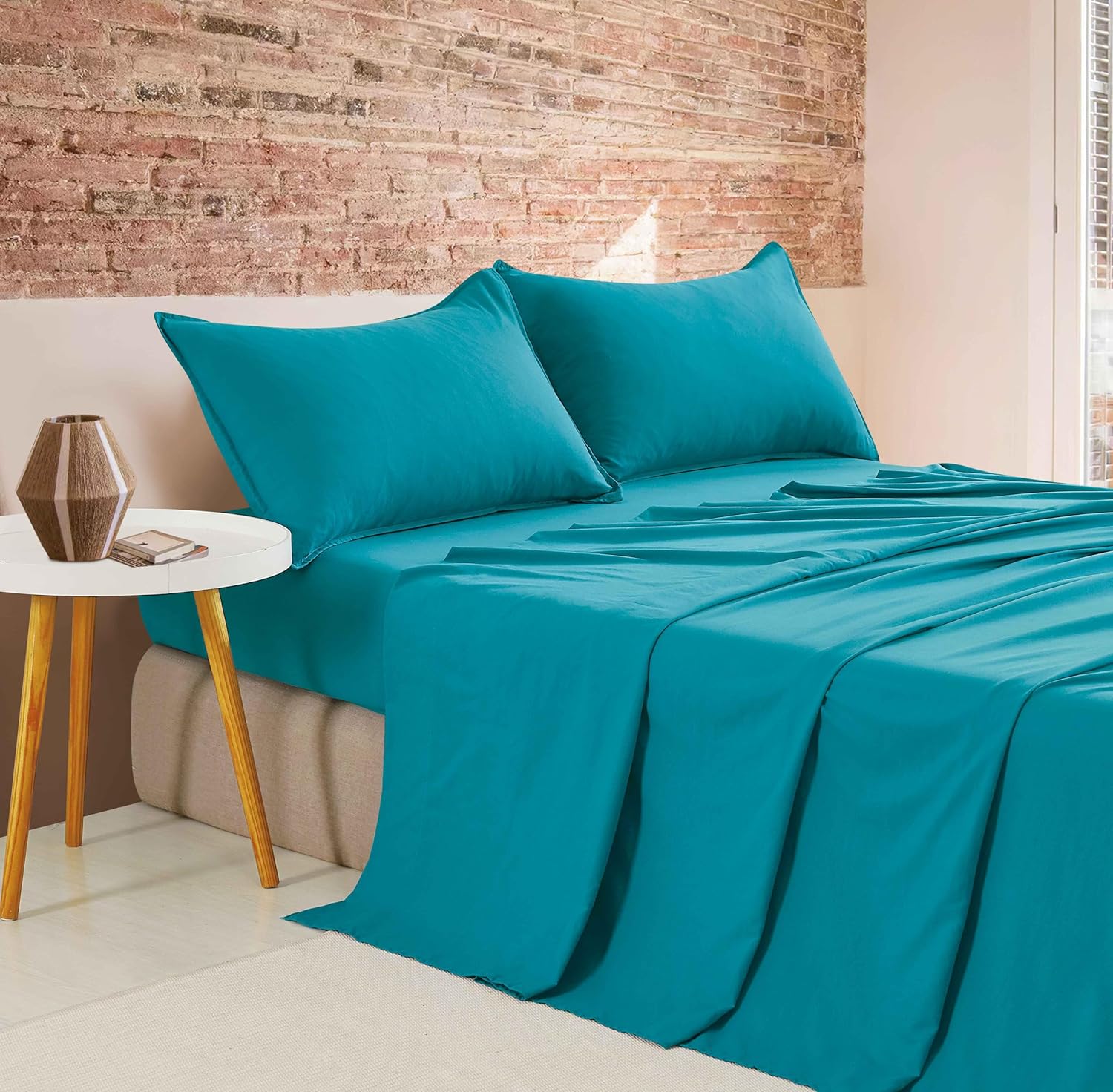 V439-CSSTTEALWM-218346-00 Vintage Washed Microfibre Sheet Set (Teal, Queen) - Image 1