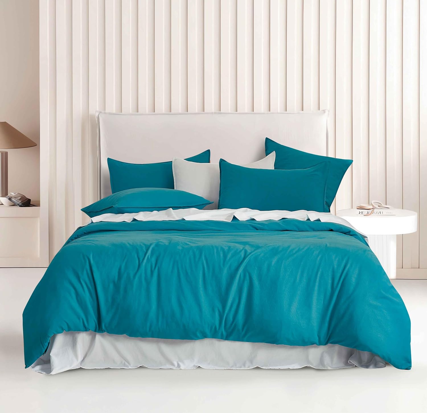 V439-DQSTEALWM-218374-00 Vintage Washed Microfibre Quilt Cover Set (Teal, King) - Image 1
