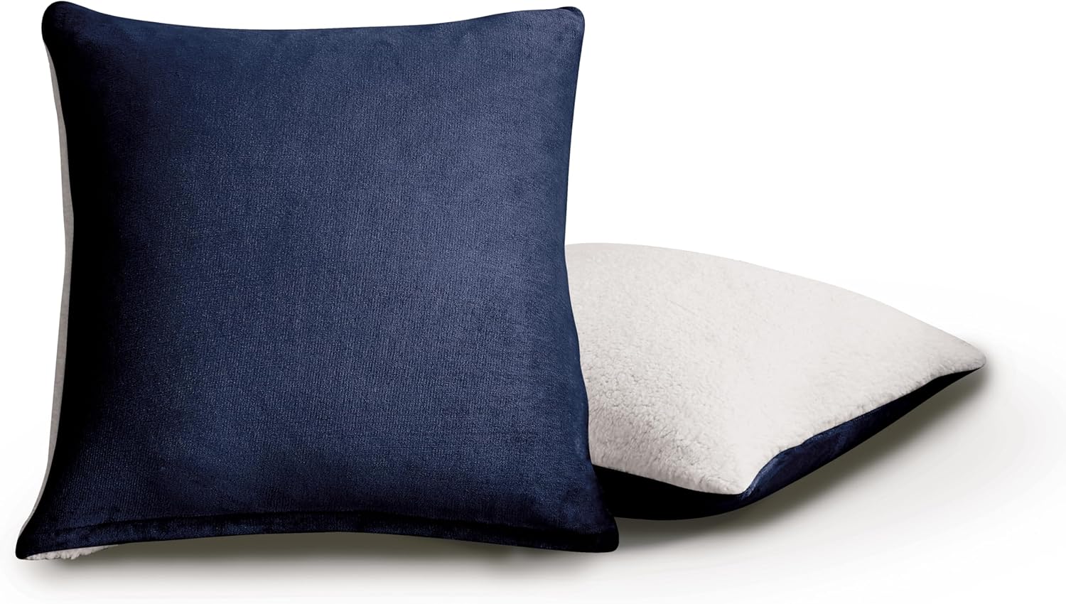V439-EPSHERPANB-202506241228-00 Teddy Sherpa Twin-Pack European Pillowcases - Soft Reversible Velvet & Sherpa Cushion Covers - Machine Washable with Zipper Closure - 65x65cm - Navy Blue - Image 1