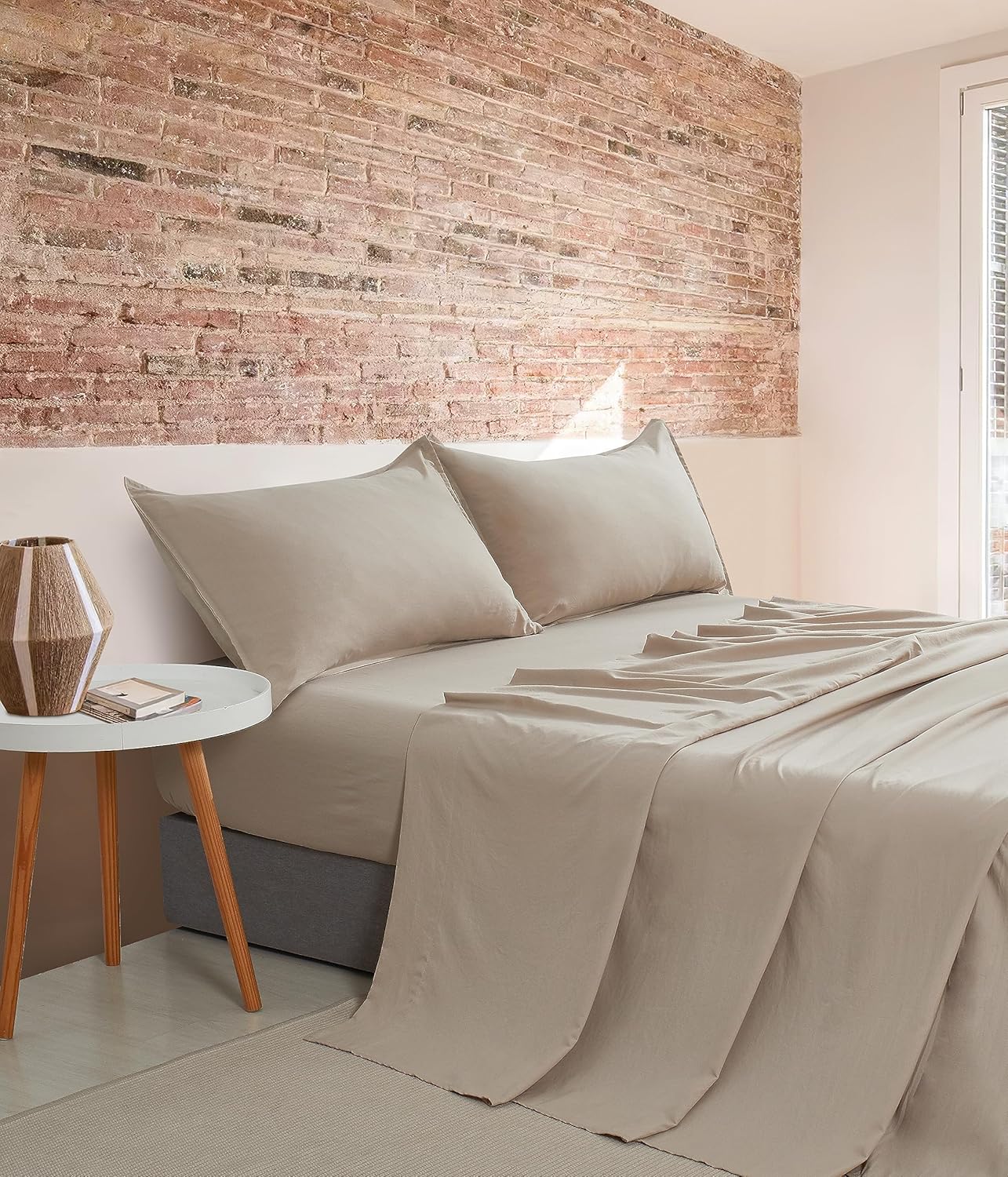 V439-KSSTLINENWM-191281-00 Vintage Washed Microfibre Sheet Set with 1 Pillowcase - Linen - King Single - Image 1