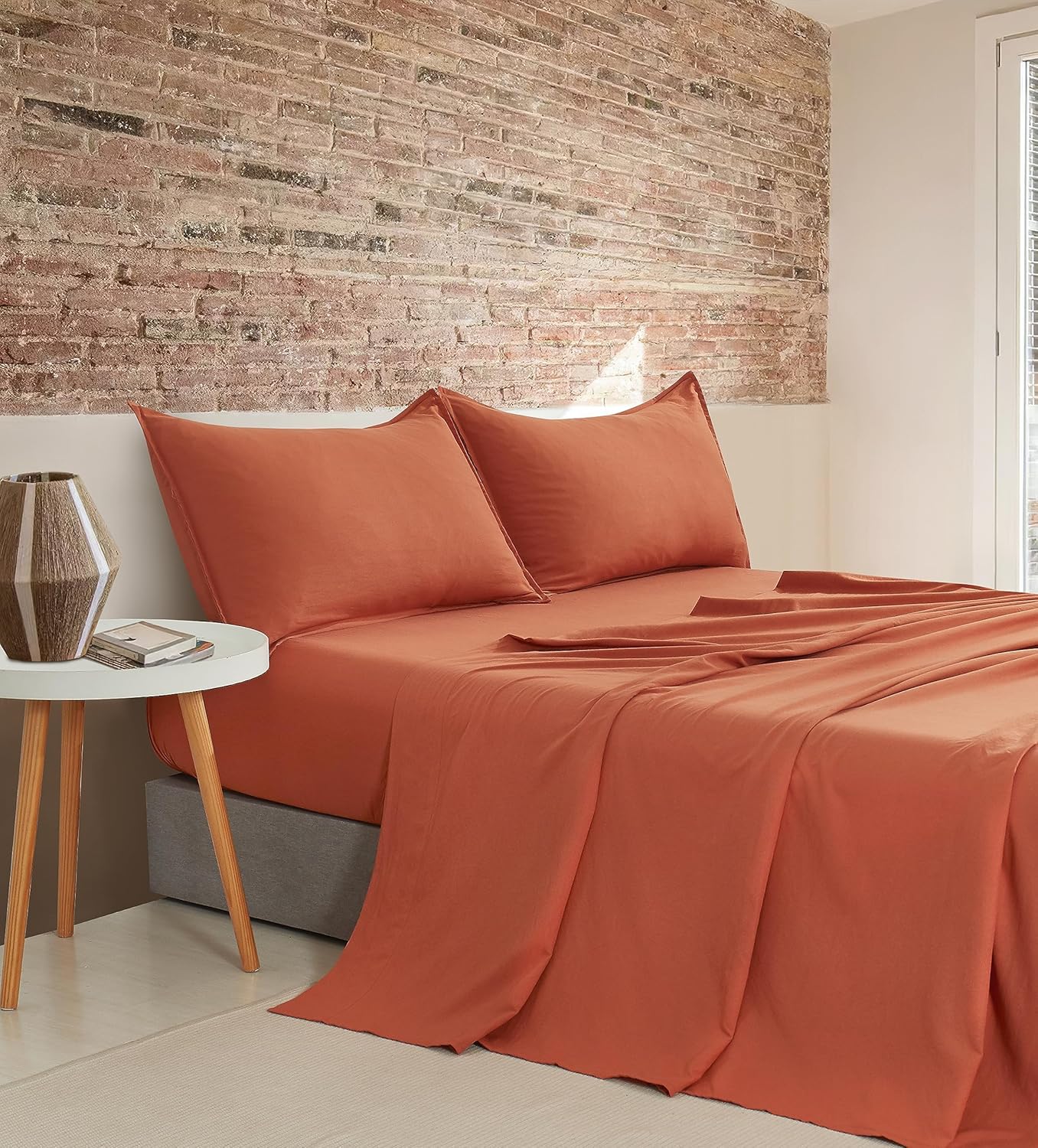 V439-KSSTTERRAWM-191284-00 Vintage Washed Microfibre Sheet Set with 1 Pillowcase - Terracotta - King Single - Image 1