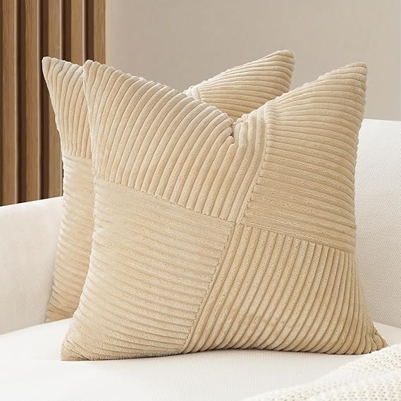 V439-WINDBEIGE2-45-202506190416-00 Corduroy Cushion Covers - Soft Velvet Fabric with Windmill-Inspired Pattern and Hidden Zipper Design - Beige, 45cm x 45cm (Twin Pack) - Image 1