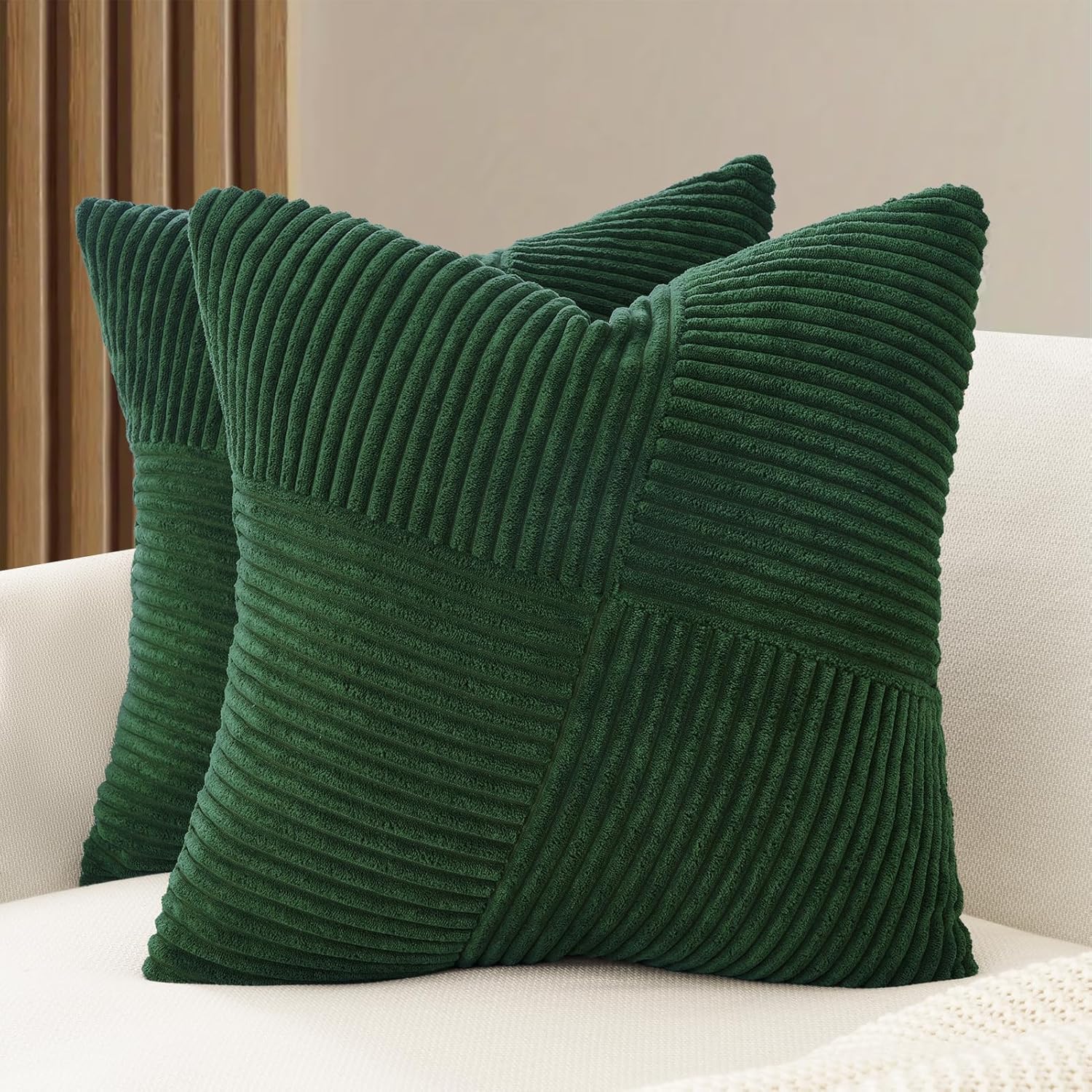 V439-WINDFOREST2-45-202506190416-00 Corduroy Cushion Covers - Soft Velvet Fabric with Windmill-Inspired Pattern and Hidden Zipper Design - Forest Green, 45cm x 45cm (Twin Pack) - Image 1