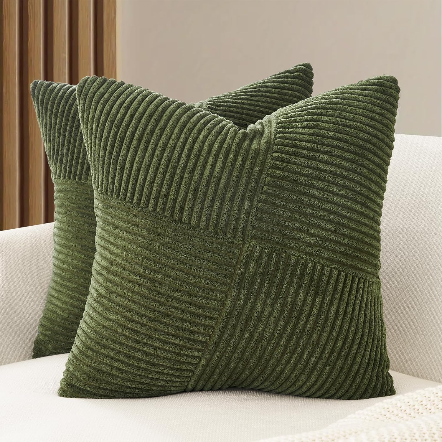 V439-WINDOLIVE2-45-202506190416-00 Corduroy Cushion Covers - Soft Velvet Fabric with Windmill-Inspired Pattern and Hidden Zipper Design - Olive Green, 45cm x 45cm (Twin Pack) - Image 1