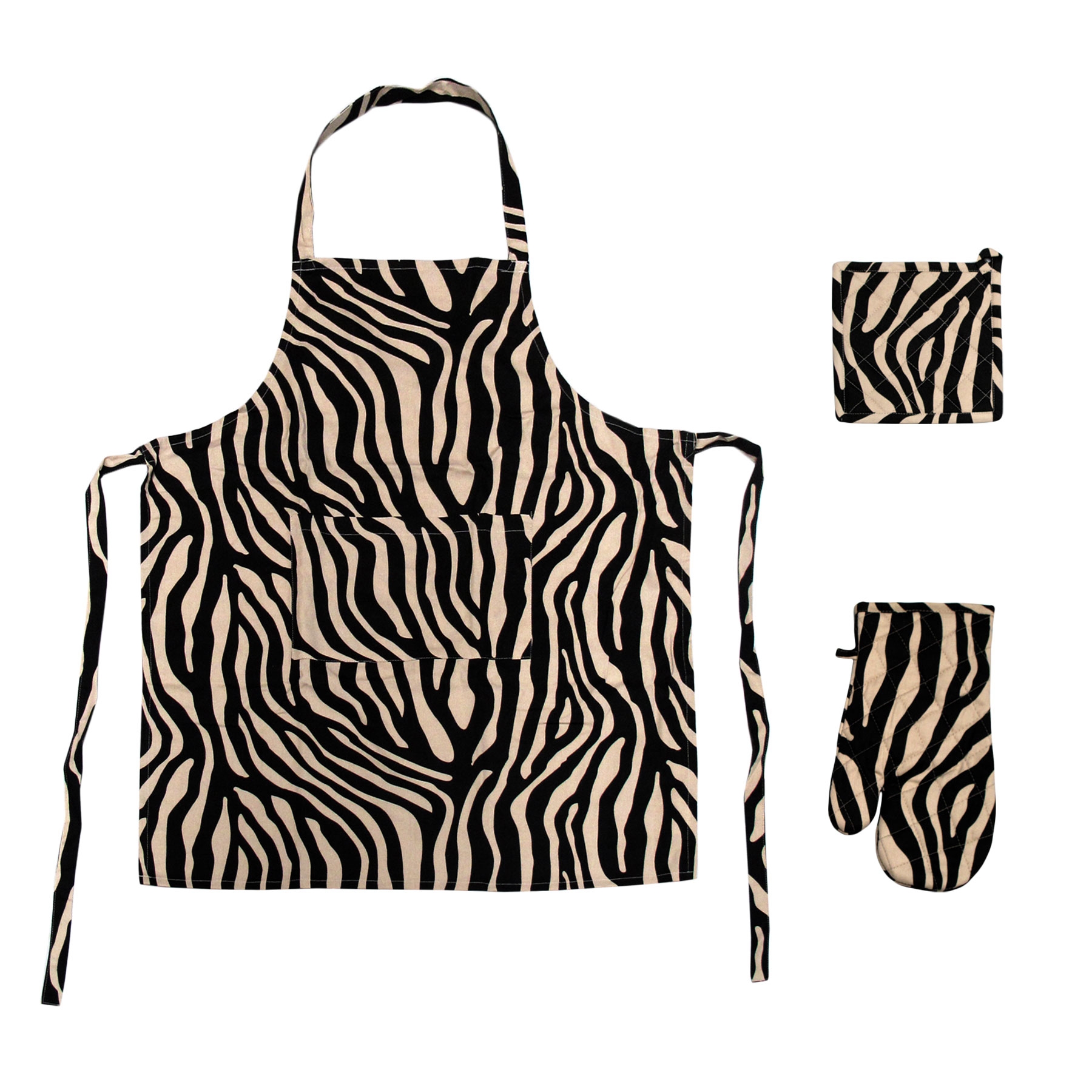 V442-ABR-APRON-SETOF3ZEBRA-LINEN-SH-96313-00 Set of 3 Cotton Linen Zebra Kitchen Set - Image 1