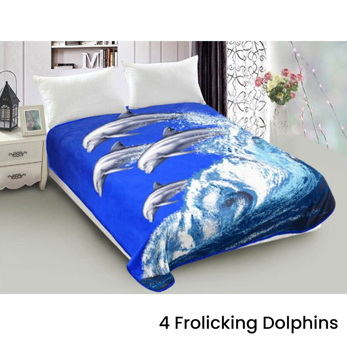 V442-ABR-BLANKET-800GSM22FROLICKDOLPHI-BLUE-QS-96588-00 800GSM Luxury Reversible Animal Mink Blanket Queen 200 x 240 cm Frolicking Dolphins - Image 1