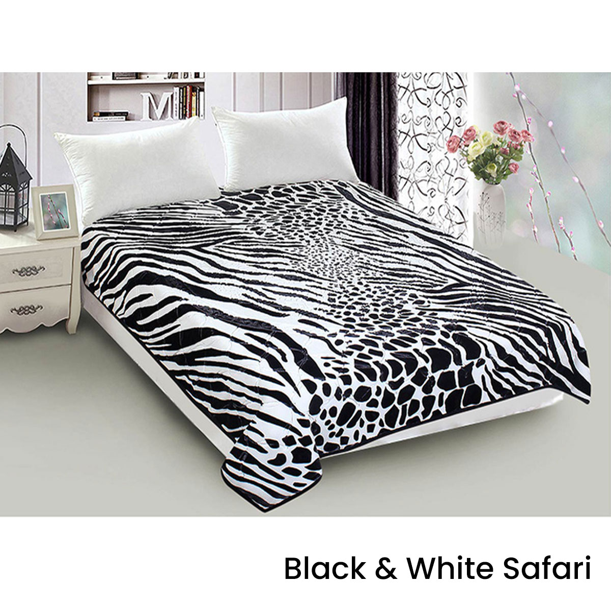 V442-ABR-BLANKET-800GSM22SAFARI-WHITEBLACK-QS-96587-00 800GSM Luxury Reversible Animal Mink Blanket Queen 200 x 240 cm White Black Safari - Image 1
