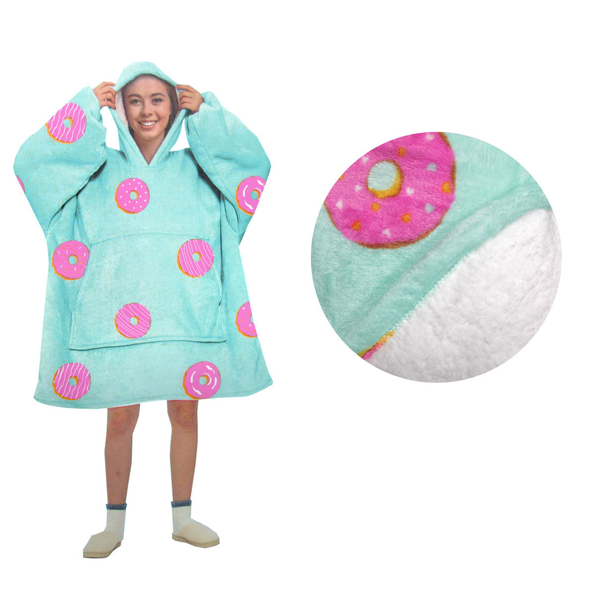 V442-ABR-BLANKET-ADULTHOODIEDONUTS-AQUA-SH-96617-00 Blanket Hoodie with Sherpa Reverse Aqua Donuts - Image 1