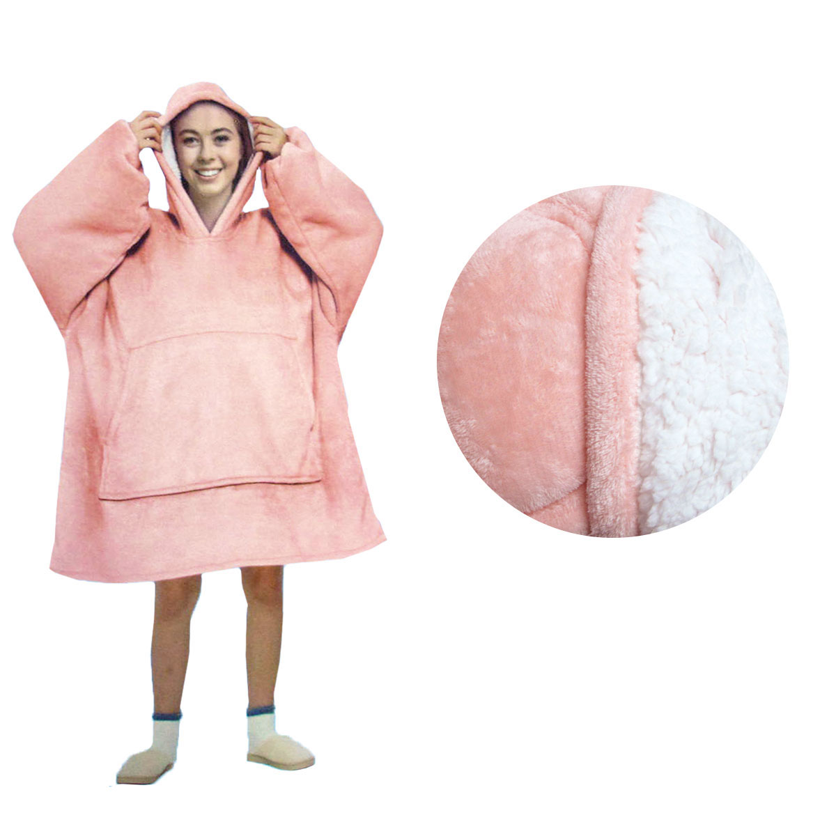V442-ABR-BLANKET-ADULTHOODIEPLAIN-CORAL-SH-96620-00 Blanket Hoodie with Sherpa Reverse Plain Coral - Image 1