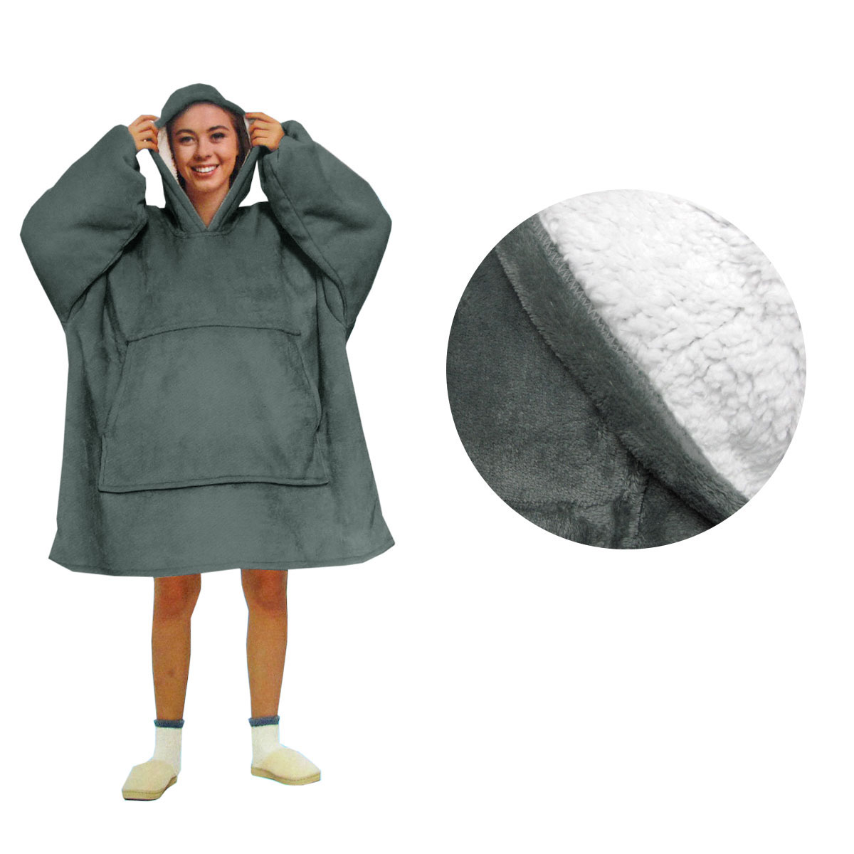 V442-ABR-BLANKET-ADULTHOODIEPLAIN-DARKGREY-SH-96621-00 Blanket Hoodie with Sherpa Reverse Plain Dark Grey - Image 1