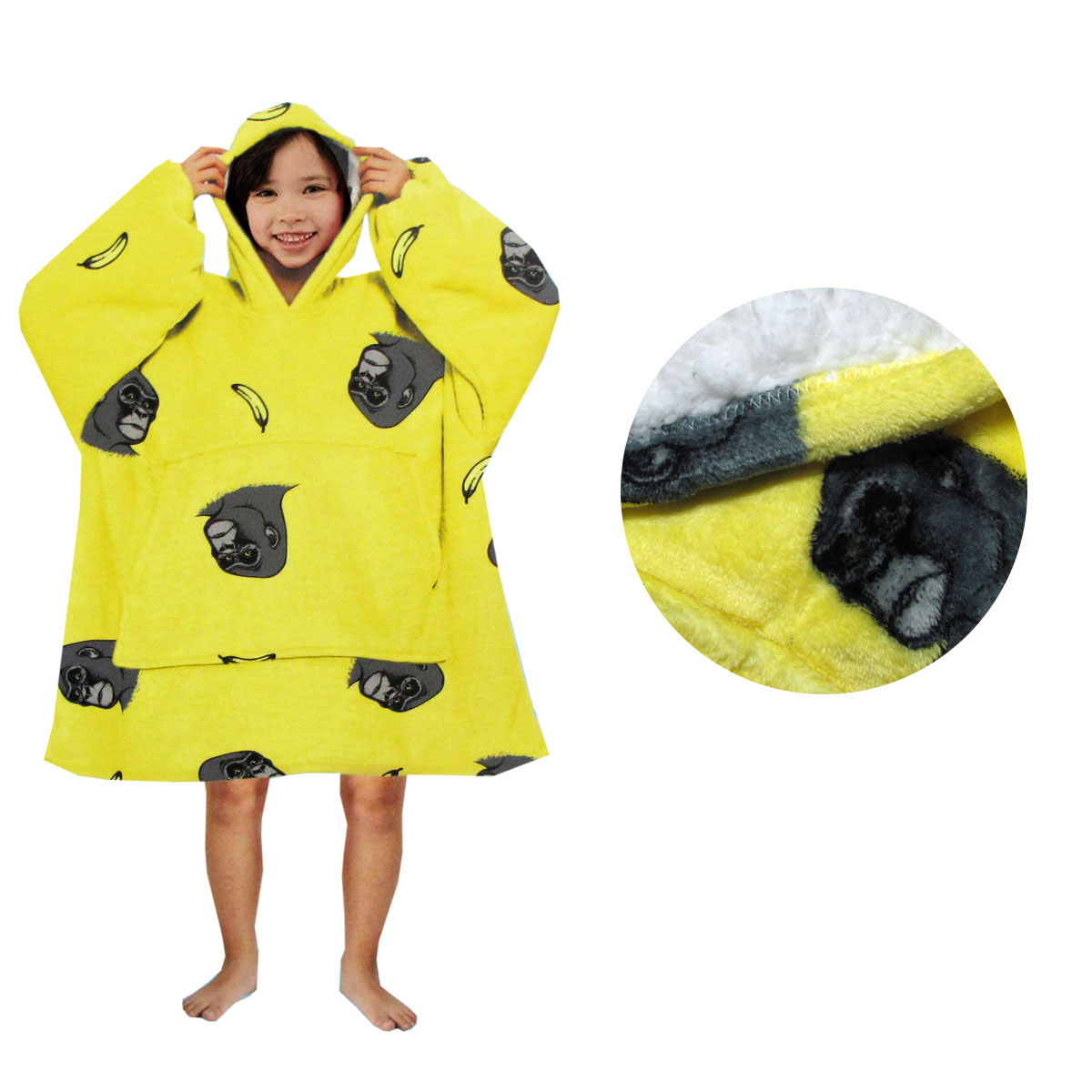 V442-ABR-BLANKET-KIDSHOODIEKINGKONG-YELLOW-SH-96614-00 Blanket Hoodie with Sherpa Reverse Yellow King Kong - Image 1