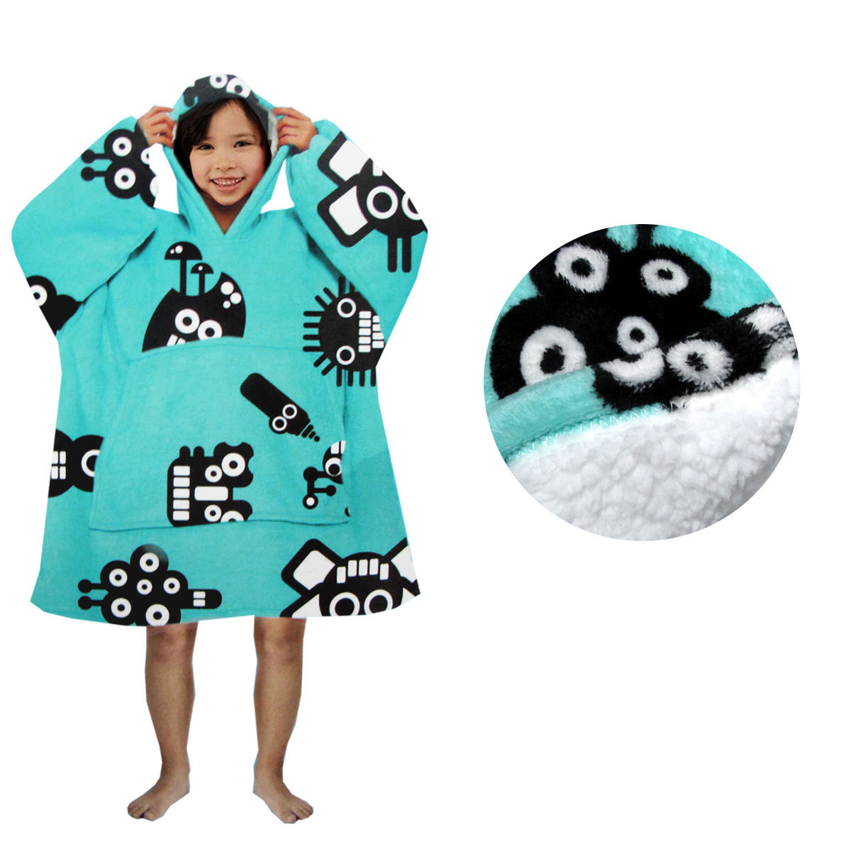 V442-ABR-BLANKET-KIDSHOODIEROBOTS-AQUA-SH-96615-00 Blanket Hoodie with Sherpa Reverse Aqua Robots - Image 1