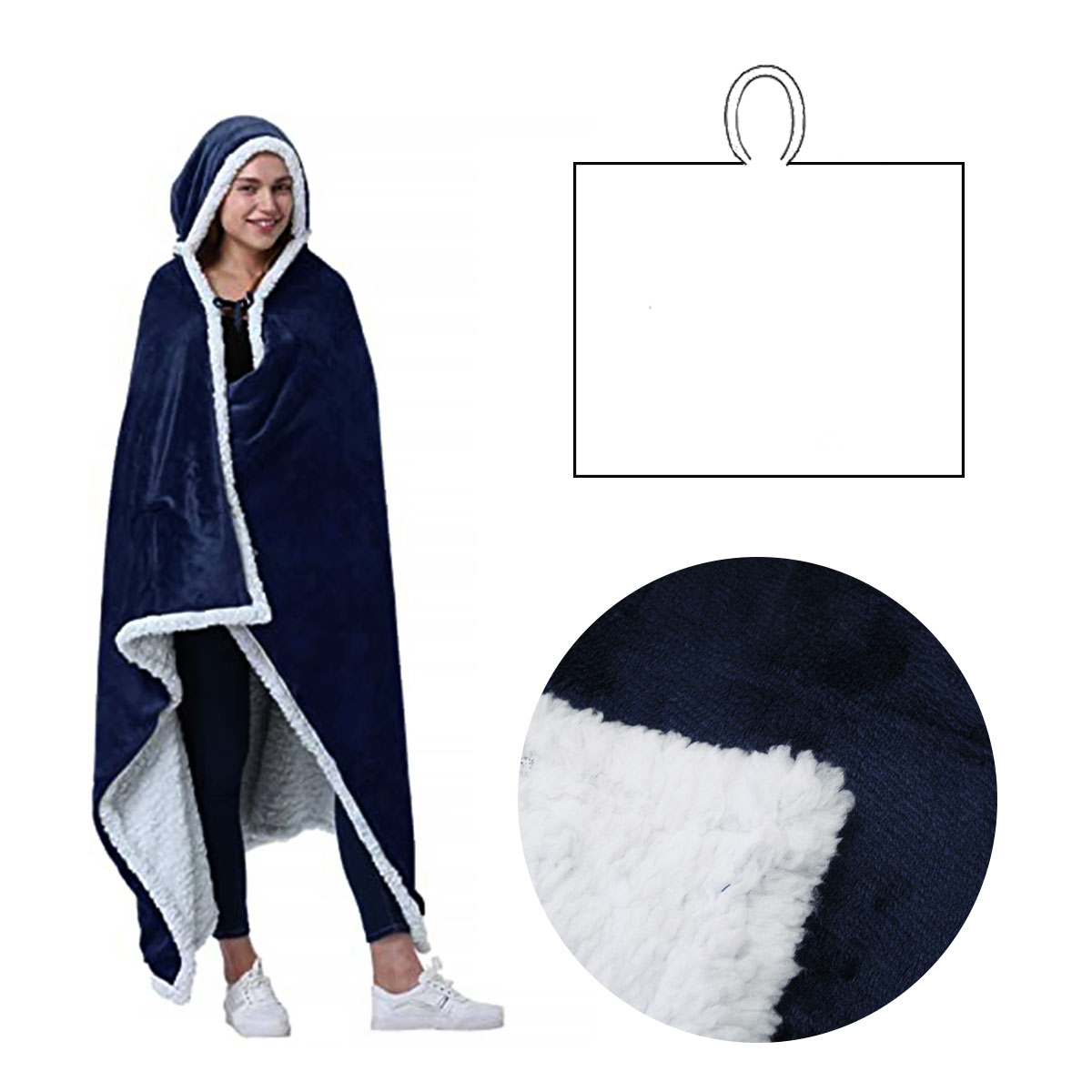 V442-ABR-BLANKET-OPENHOODIEPLAIN-NAVY-SH-96817-00 Adult Men Women Open Blanket Hoodie Poncho with Sherpa Fleece Reverse Navy - Image 1