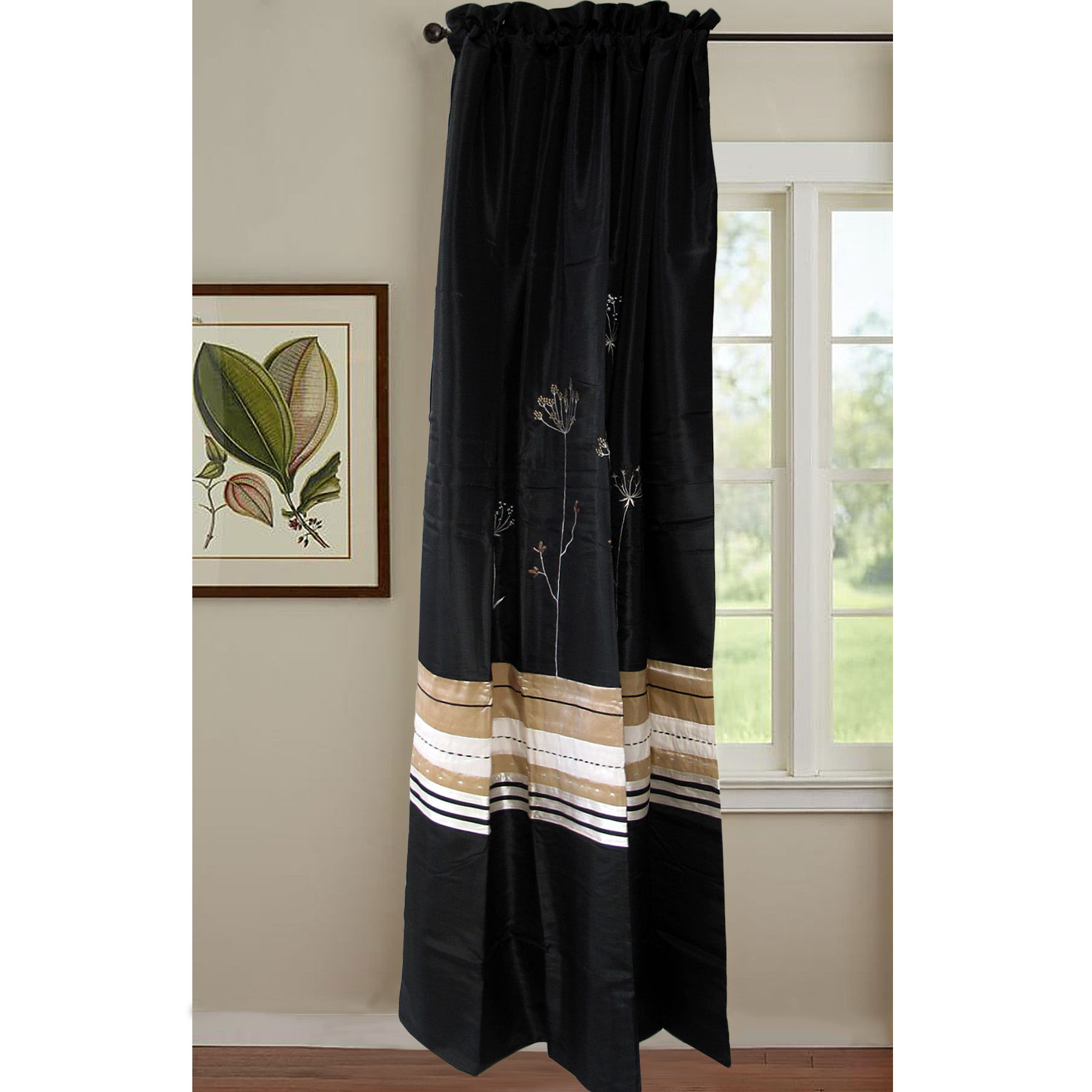 V442-ABR-CURTAIN-EMBPETALS-BLACK-RE-96842-00 Pair of Embroidered Rod Pocket Curtains 150 x 213cm each Silver Petals - Image 1