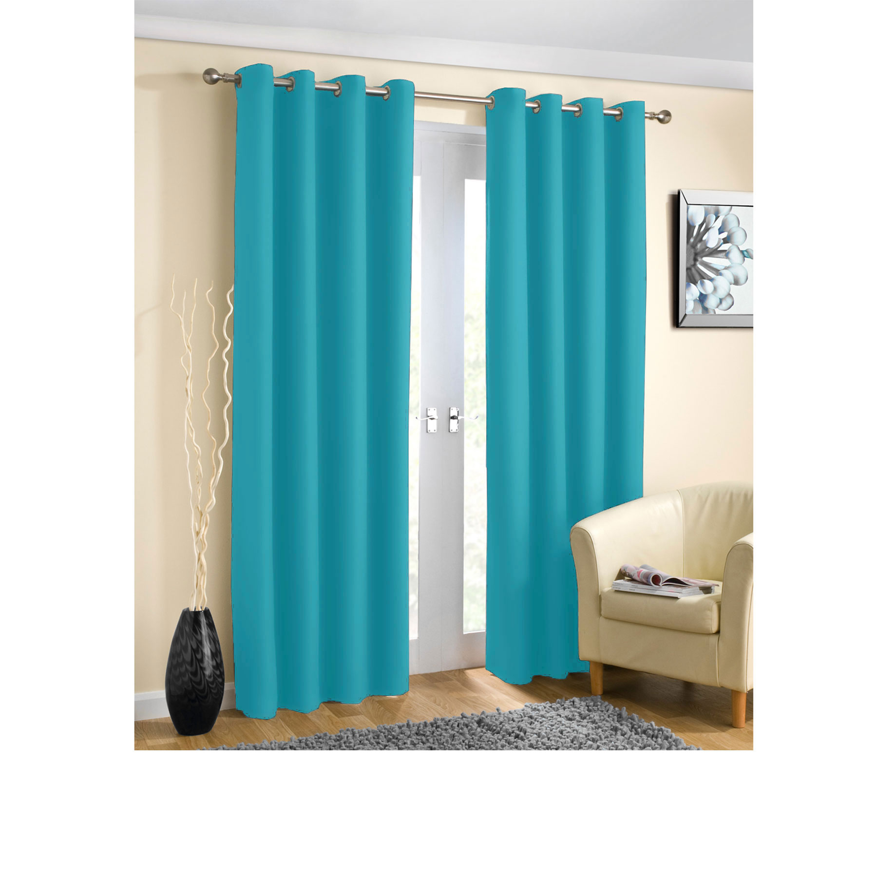 V442-ABR-CURTAIN-PLAINEYELET-BLUE-RE-96403-00 Pair of Blockout Plain Eyelet Curtains Blue - Image 1