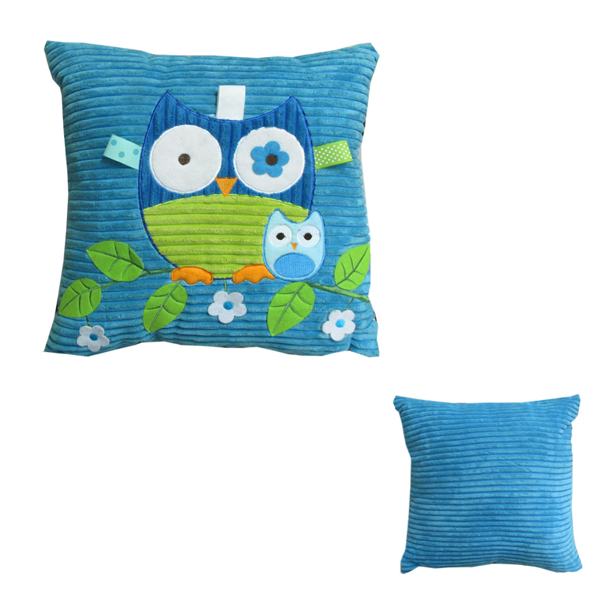 V442-ABR-CUSHION-OWL-BLUE-SQ-96330-00 Blue Owl Embroidered Applique Square Cushion - Image 1