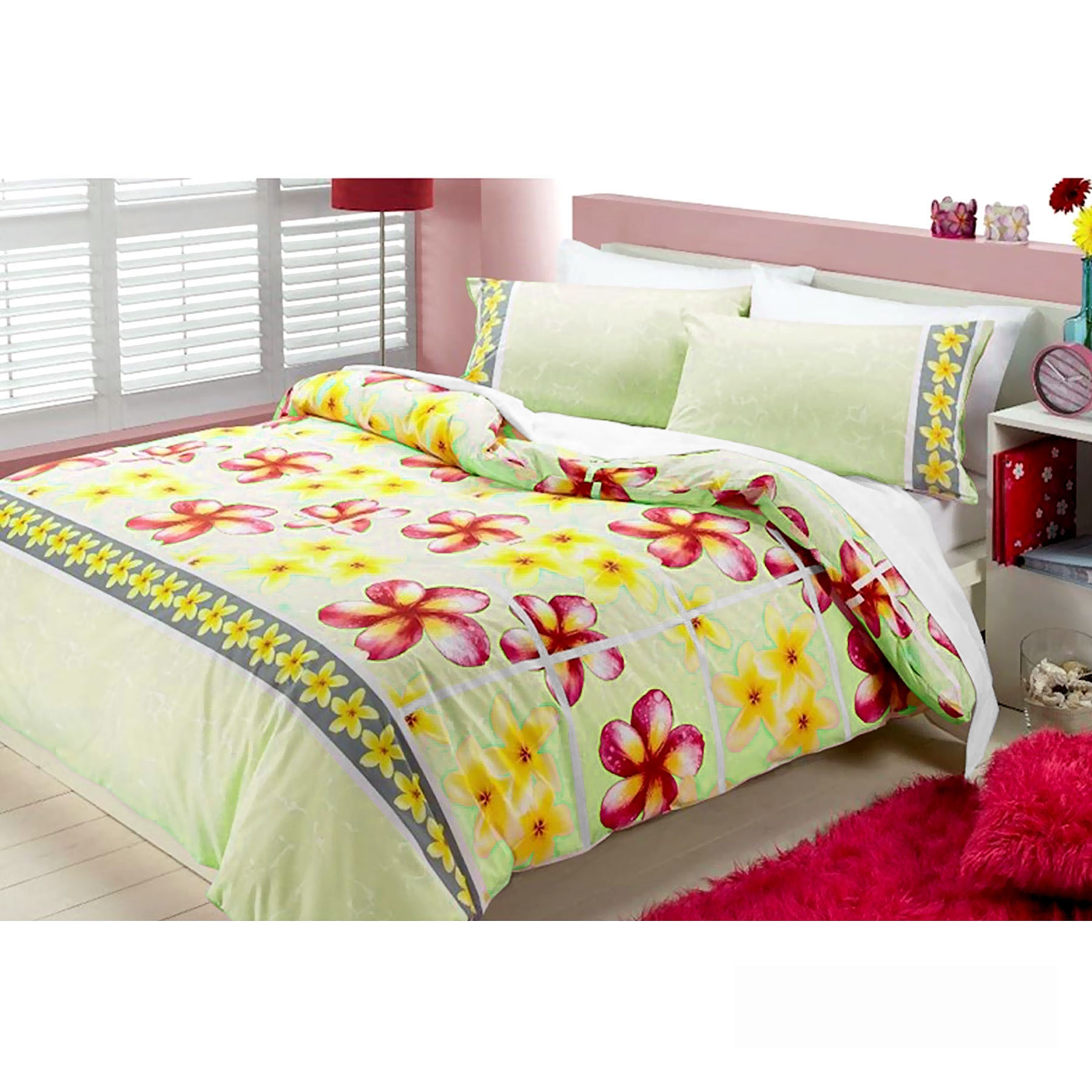 V442-ABR-QUILTCS-FLOATINGFRANGIPANI-GREEN-SB-96445-00 Floating Frangipani Quilt Cover Set Apple Green Single - Image 1