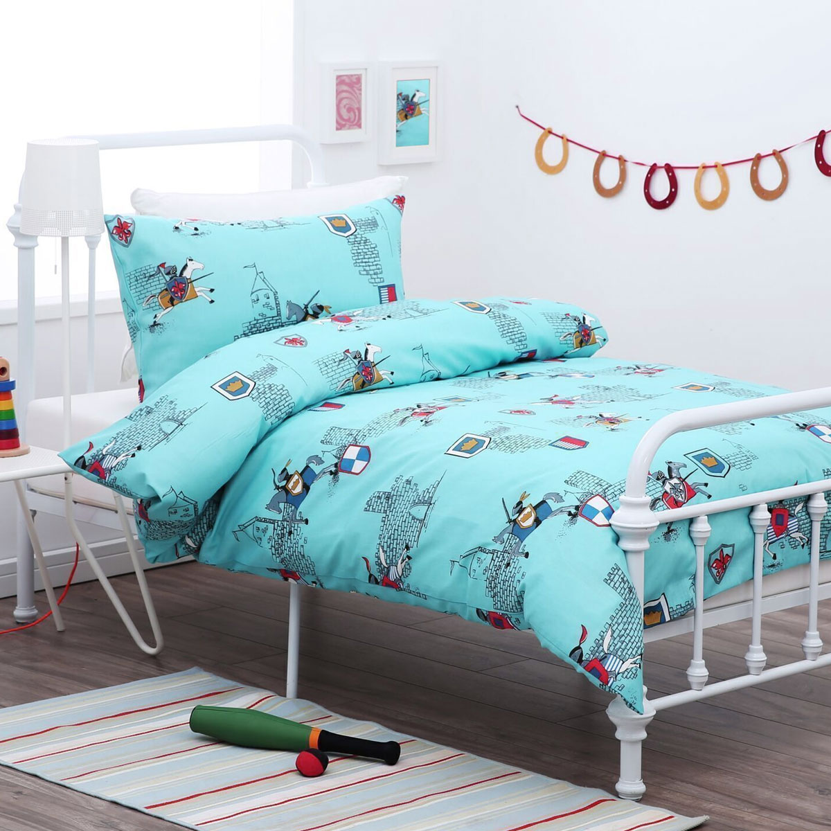 V442-ABR-QUILTCS-KNIGHT-AQUA-SB-97029-00 Knight Horse Polyester Cotton Quilt Cover Set Single - Image 1