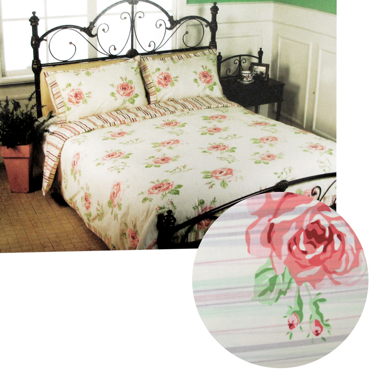 V442-ABR-QUILTCS-ROSIESTRIPES-CREAM-QS-96991-00 Cream Rosie Stripes Polyester Cotton Quilt Cover Set Queen - Image 1