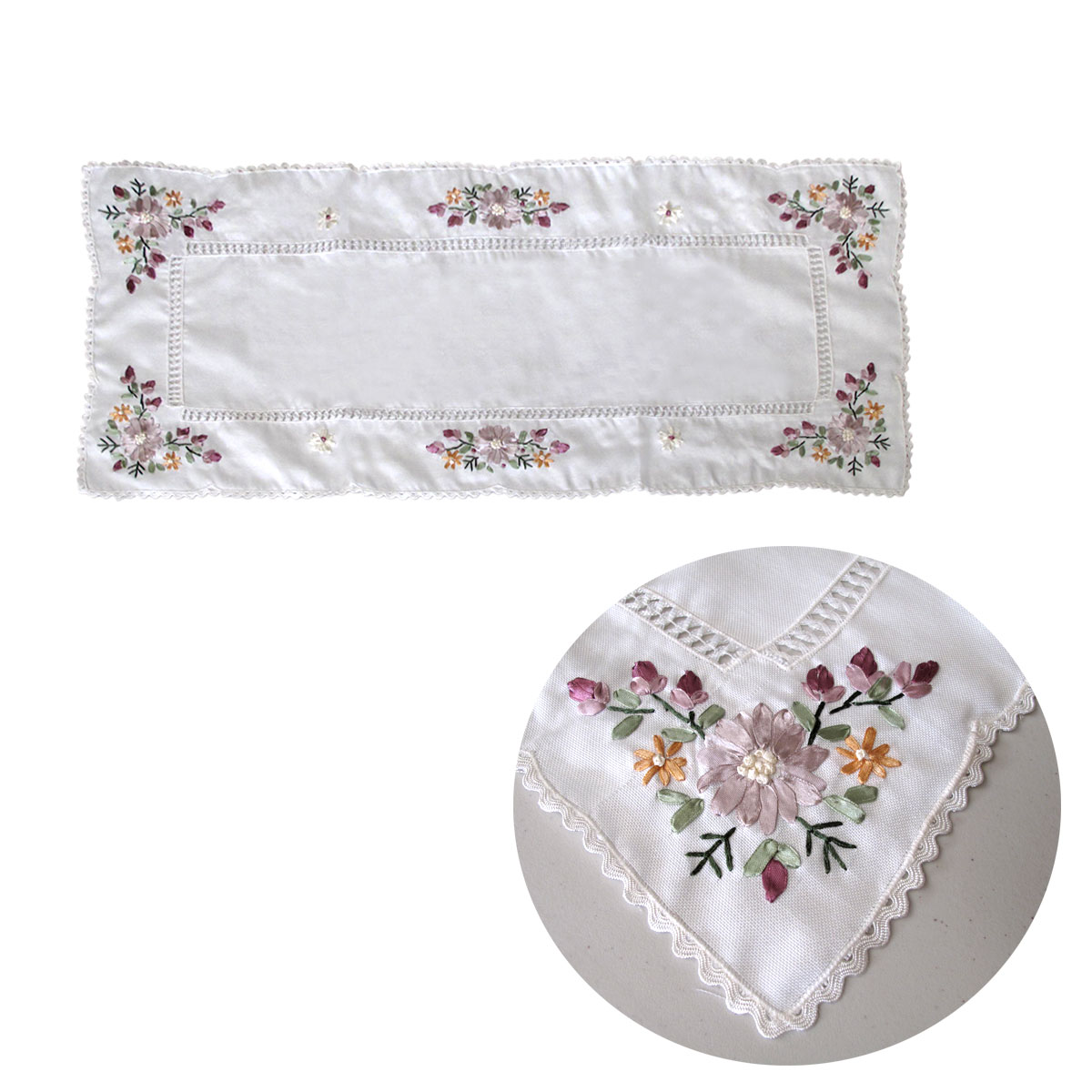 V442-ABR-TABLER-VICTORIANA-WHITE-RE-96828-00 Victoriana White Applique Embroidered Table Runner 40 x 90 cm - Image 1