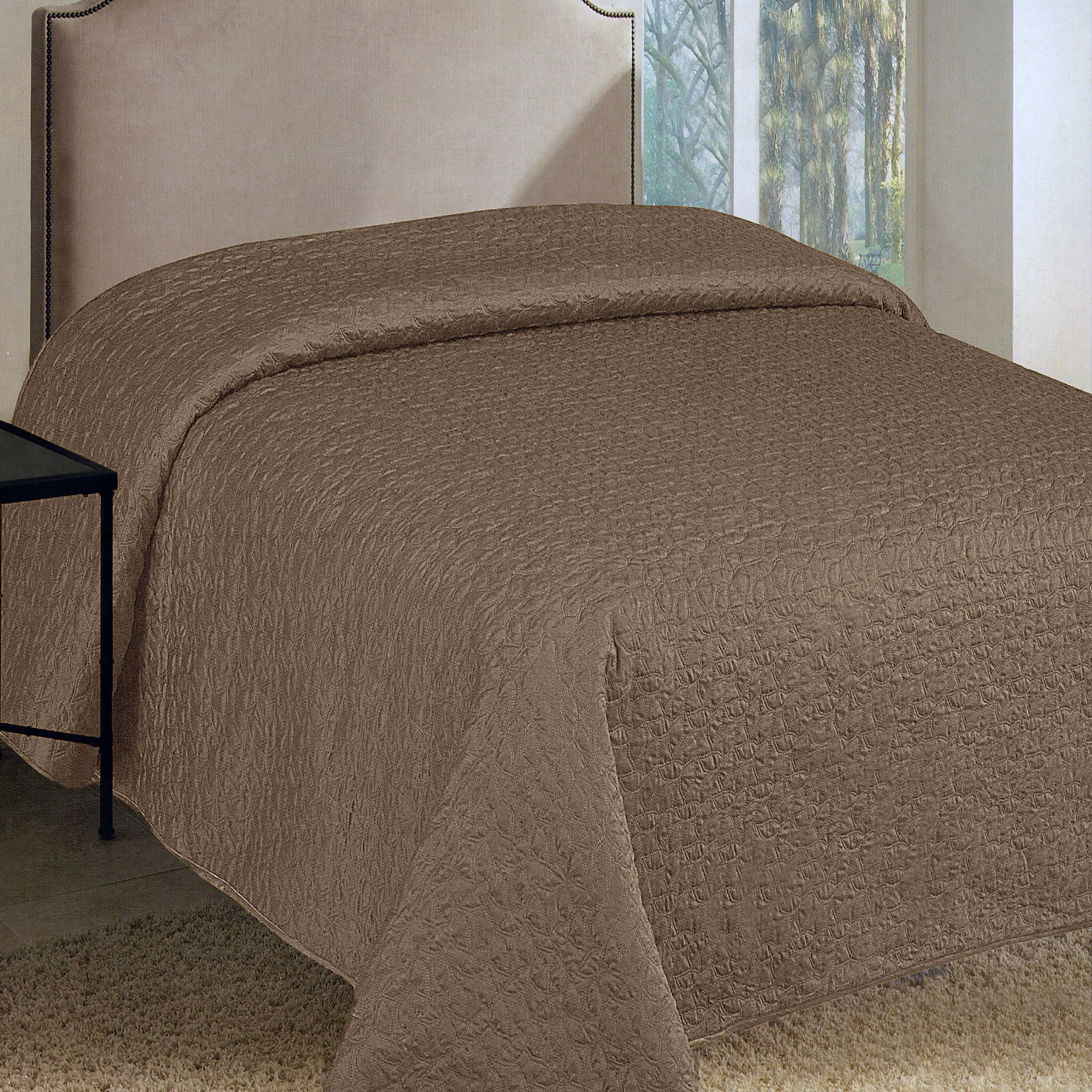 V442-ATX-BEDSPREAD-FAUXSILK-COFFEE-QS-79392-00 Faux Silk Embroidered Coverlet Coffee QUEEN - Image 1