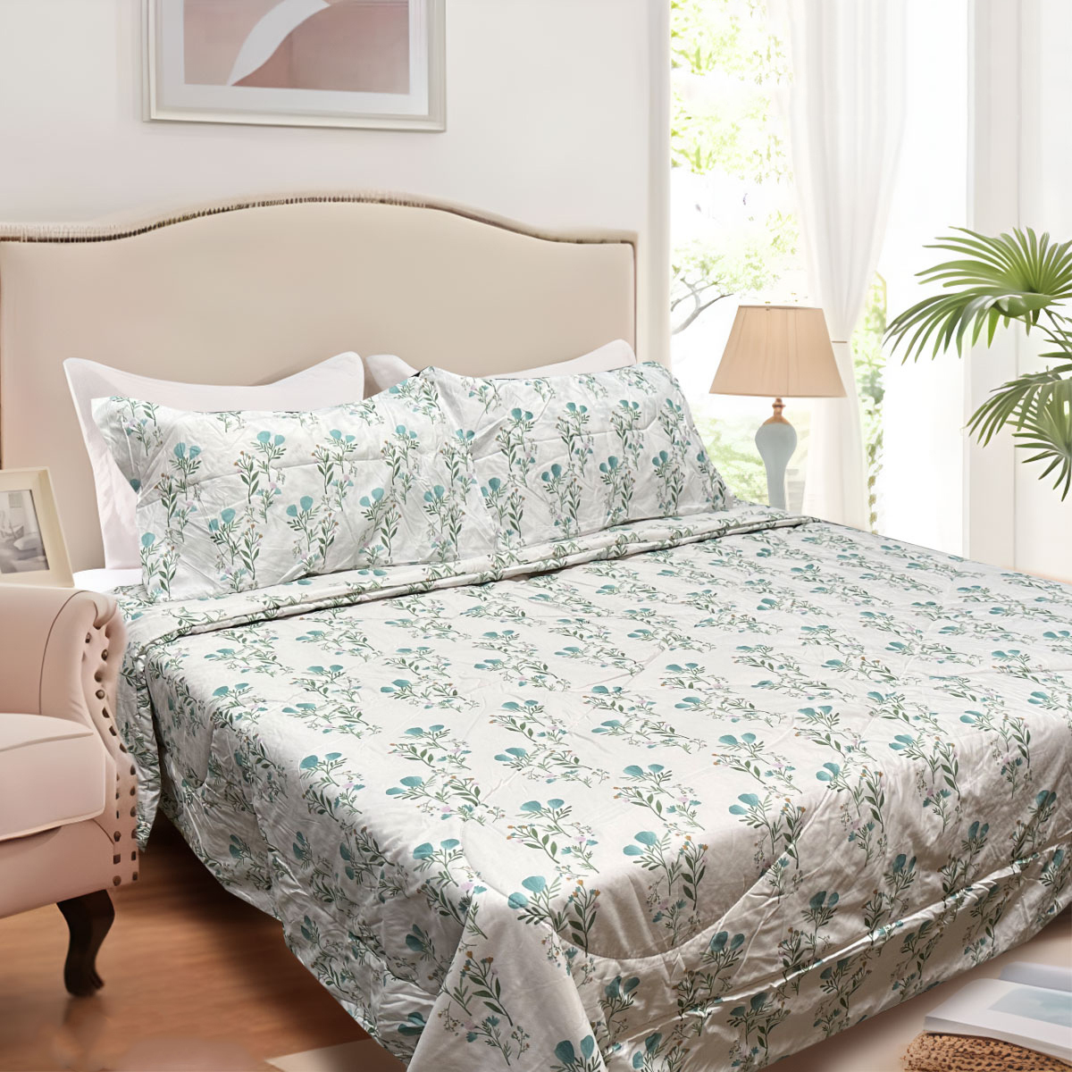 V442-ATX-COMFORTER-CORBETTC2-TEAL-QS-97453-00 Hotel Living 3 Pce Light Weight Comforter Set Queen/King Corbett Floral Teal - Image 1
