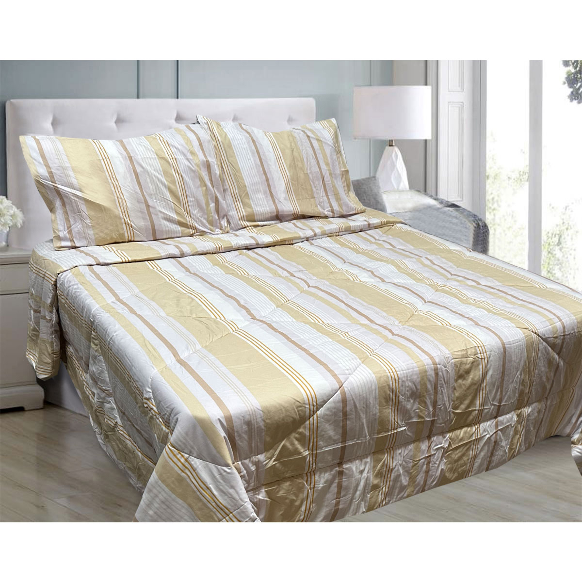 V442-ATX-COMFORTER-OSCARO3-LIGHTGOLD-QS-97459-00 Hotel Living 3 Pce Light Weight Comforter Set Queen/King Oscar Stripes - Image 1