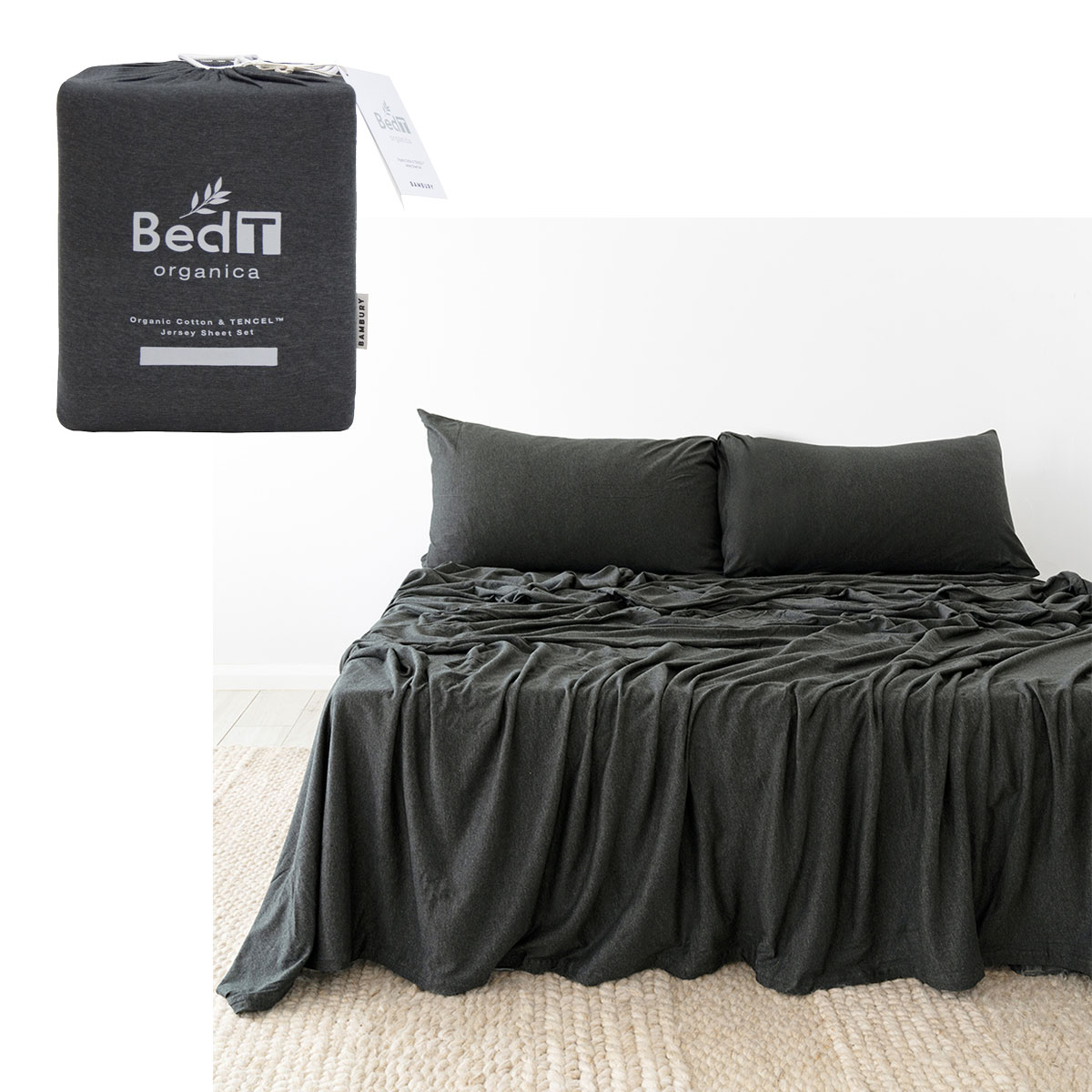 V442-BBY-SHEETS-BEDTORGANICA-CHARCOAL-QS-96974-00 BedT Organica Jersey Cotton-Blend Sheet Set Charcoal Queen - Image 1