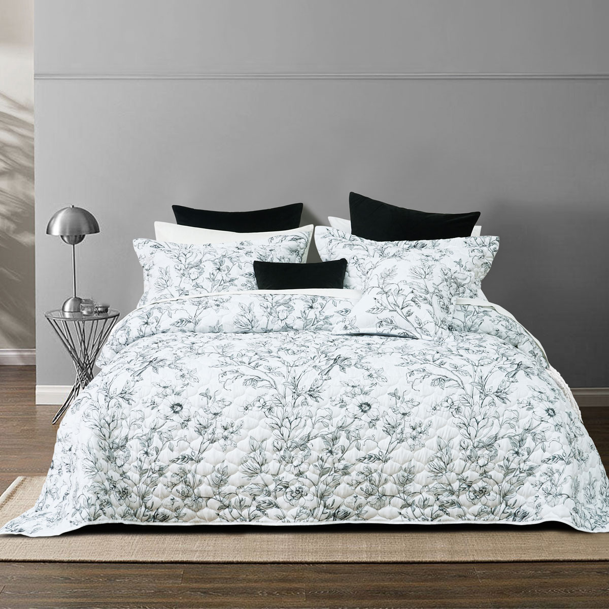 V442-BCA-BEDSPREAD-GRACIE-WHITE-DS-213212-00 Bianca Gracie White Floral Printed Quilted Bedspread Set Double - Image 1