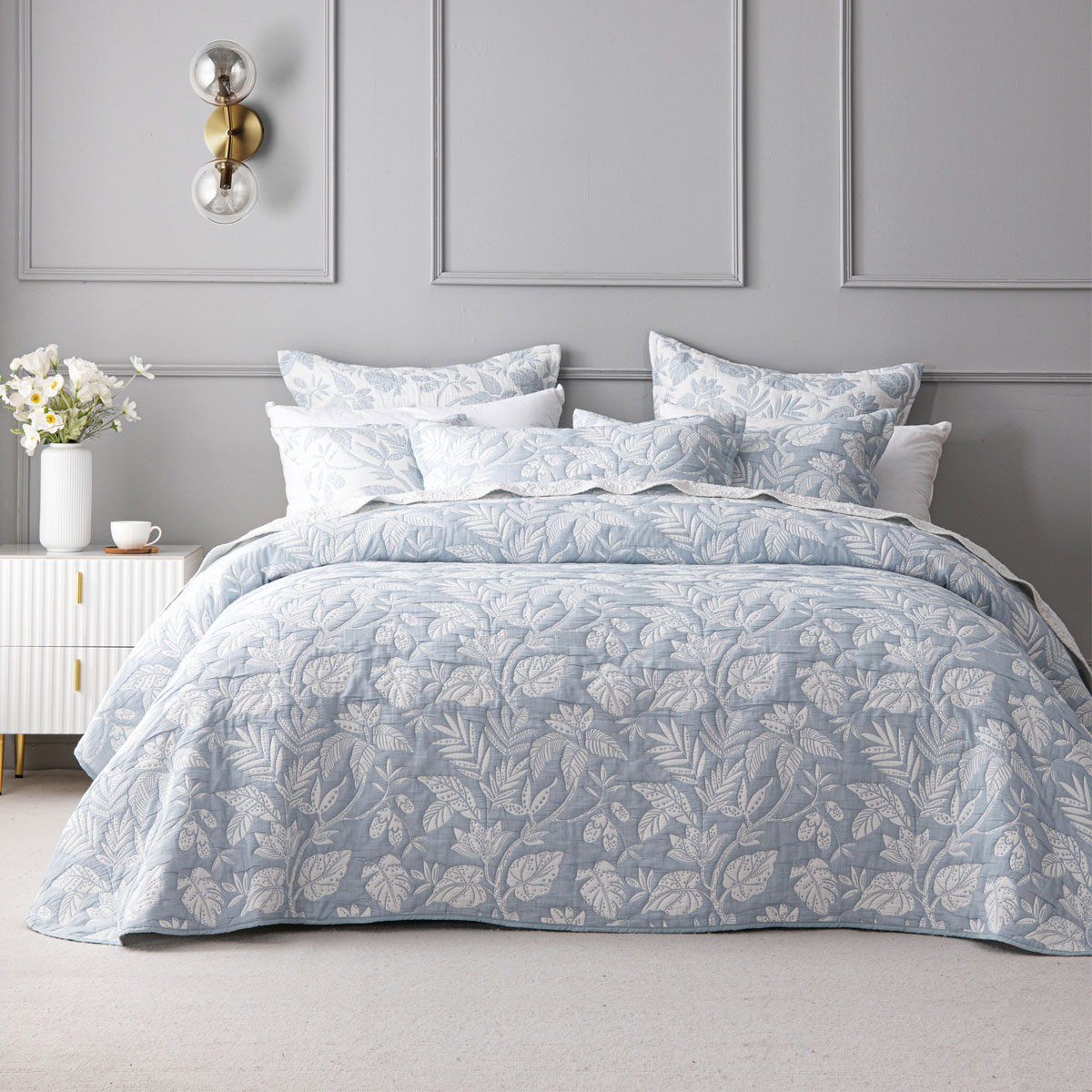 V442-BCA-BEDSPREAD-LAURIETON-BLUE-SK-202507031630-00 Bianca Laurieton Blue Jacquard Botanical Bedspread Set Super King - Image 1