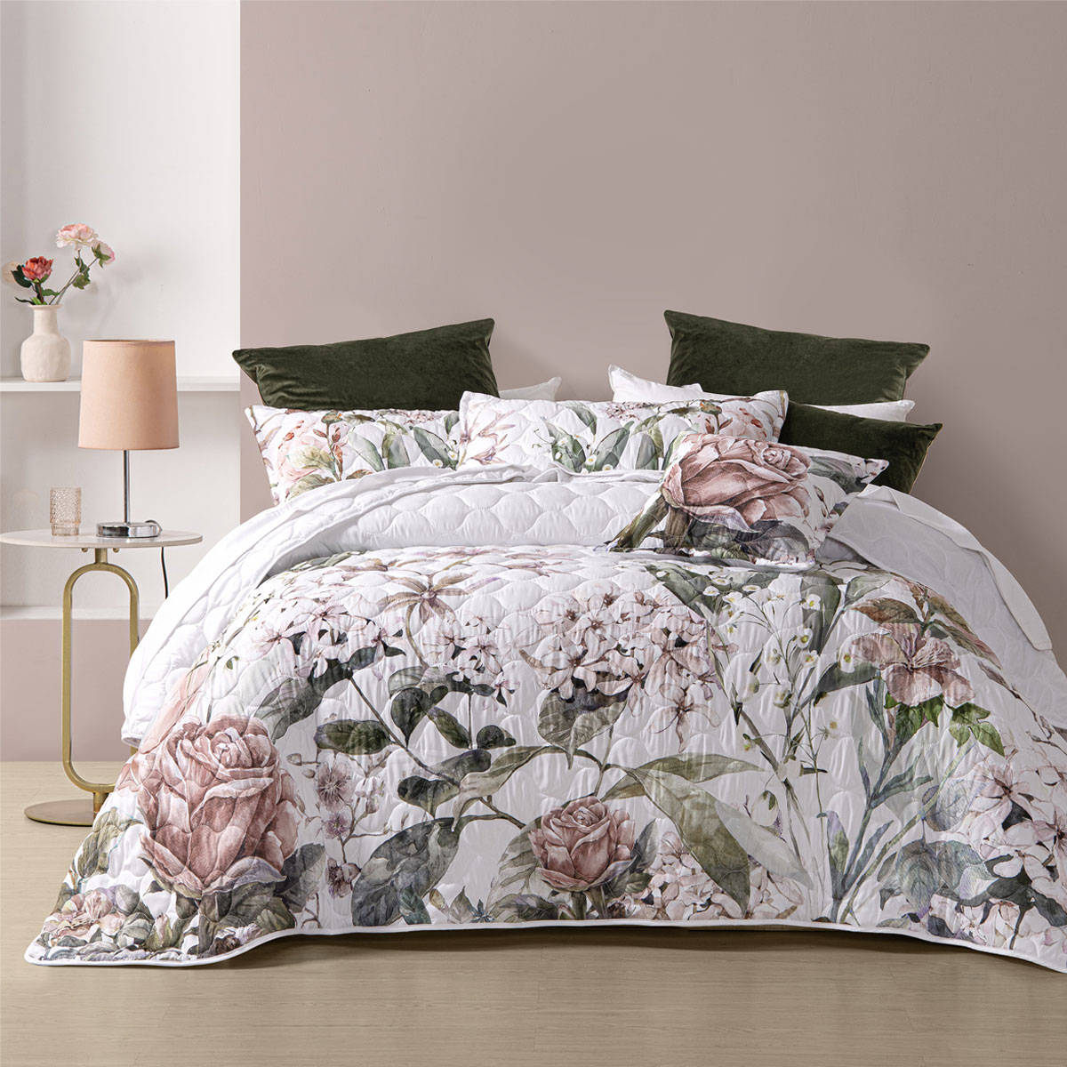 V442-BCA-BEDSPREAD-LORNA-WHITE-DS-213228-00 Bianca Lorna White Floral Printed Quilted Bedspread Set Double - Image 1