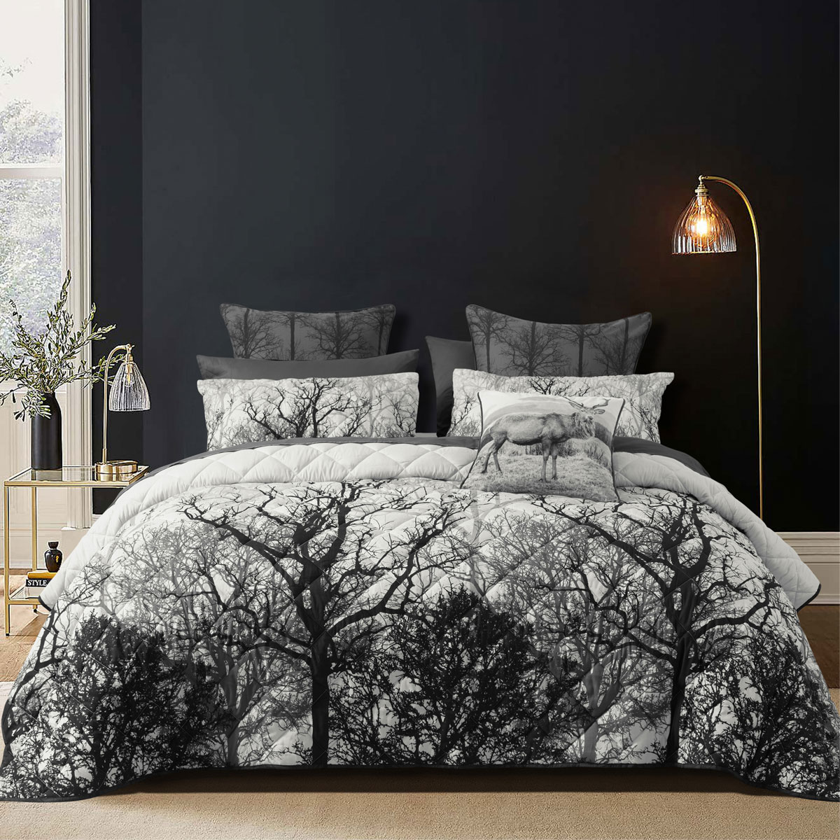 V442-BCA-COVERLETS-BOSCAGE-BLACK-SK-213169-00 Bianca Boscage Black Forest Printed Quilted Polyester Coverlet Set Super King - Image 1