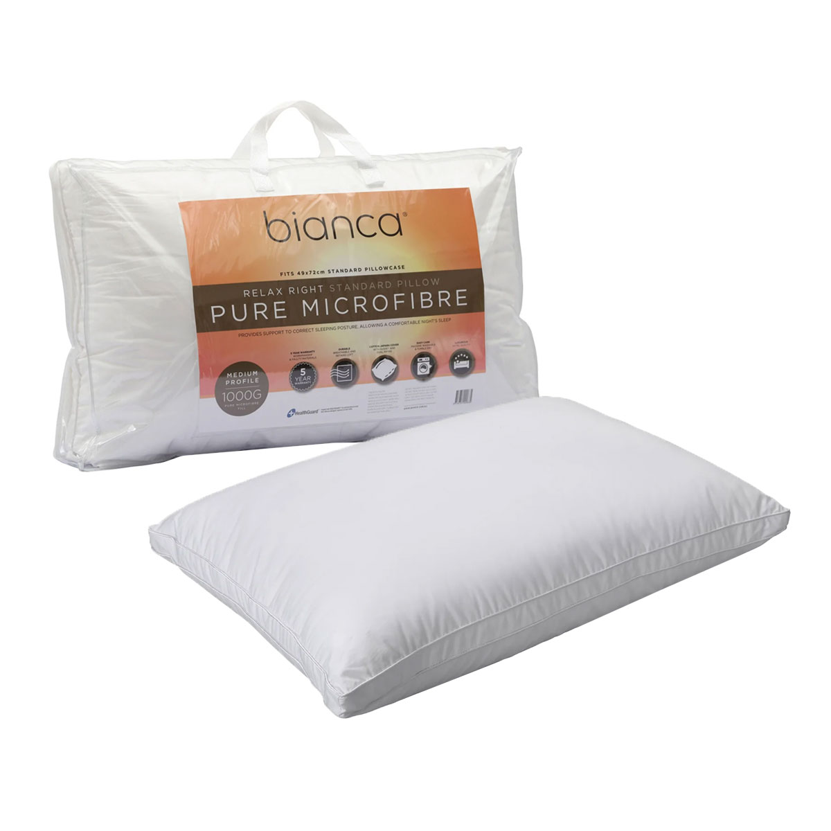 V442-BCA-PILLOW-RELAXMFMEDIUM-WHITE-ST-202837-00 Bianca 1000g Relax Right Pure Microfiber Medium Profile Standard Pillow 49 x 72cm - Image 1