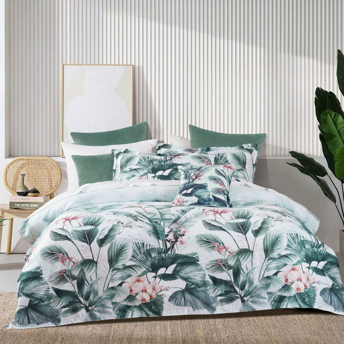 V442-BCA-QUILTCS-ABBEY-GREEN-SK-202505231016-00 Bianca Abbey Green Cotton Sateen Tropical Floral Quilt Cover Set Super King - Image 1