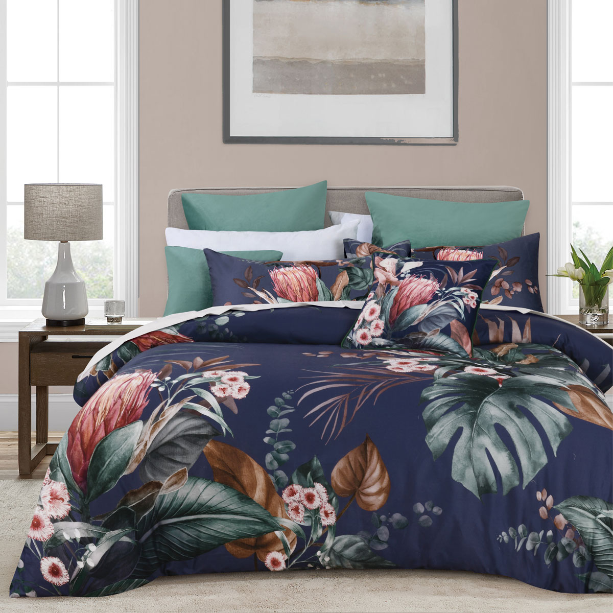 V442-BCA-QUILTCS-BALWYN-NAVY-QS-202505231017-00 Bianca Balwyn Navy Cotton Sateen Botanical Quilt Cover Set Queen - Image 1