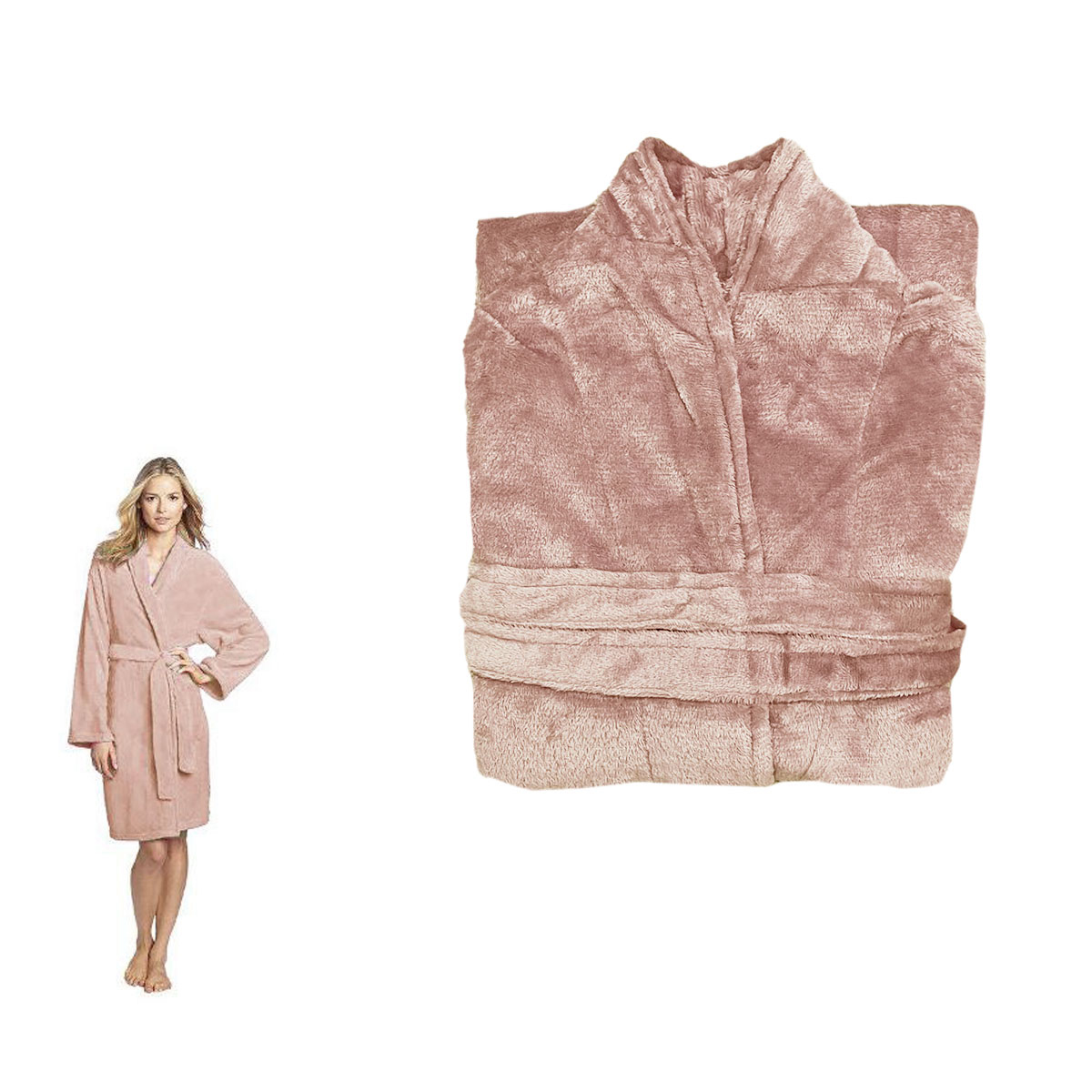 V442-BZO-BATHROBE-PLUSH-DUSTYROSE-M-97848-00 190GSM Ultra Soft Plush Fleece Bath Robe Dusty Rose M - Image 1