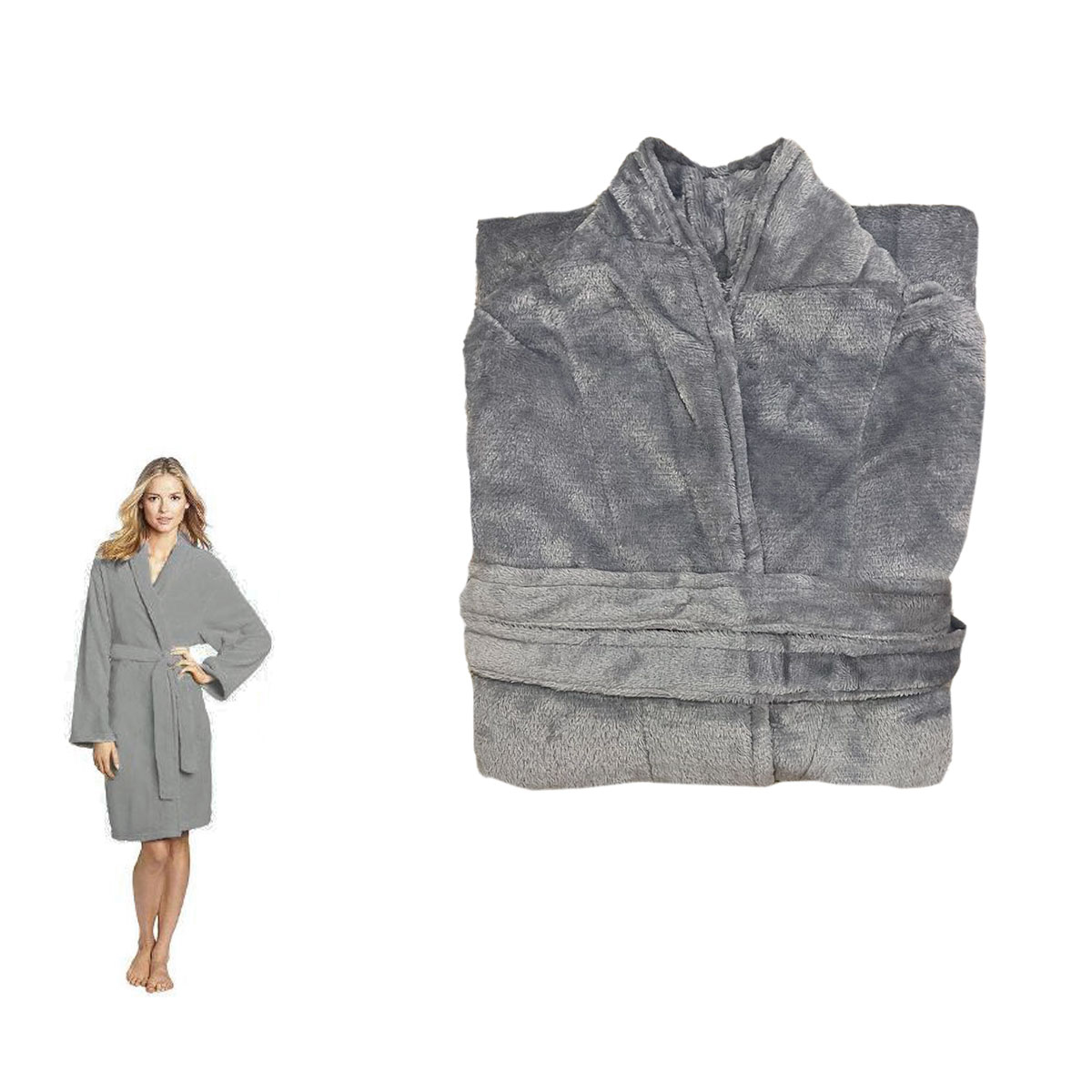 V442-BZO-BATHROBE-PLUSH-GREY-L-97850-00 190GSM Ultra Soft Plush Fleece Bath Robe Grey L - Image 1