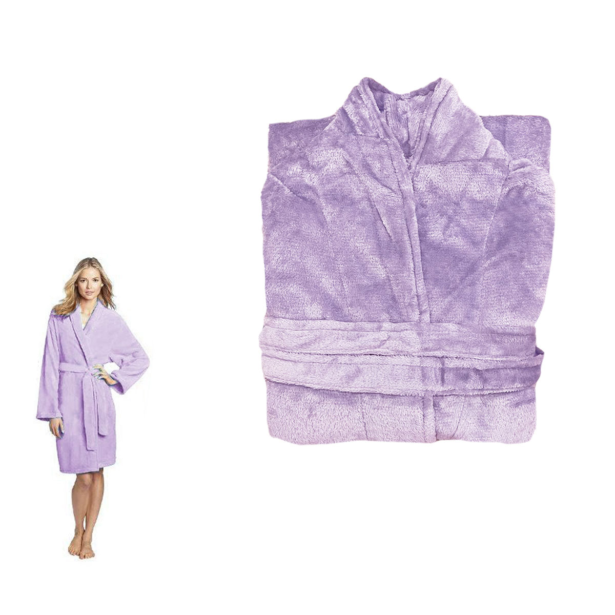 V442-BZO-BATHROBE-PLUSH-LILAC-M-97845-00 190GSM Ultra Soft Plush Fleece Bath Robe Lilac M - Image 1