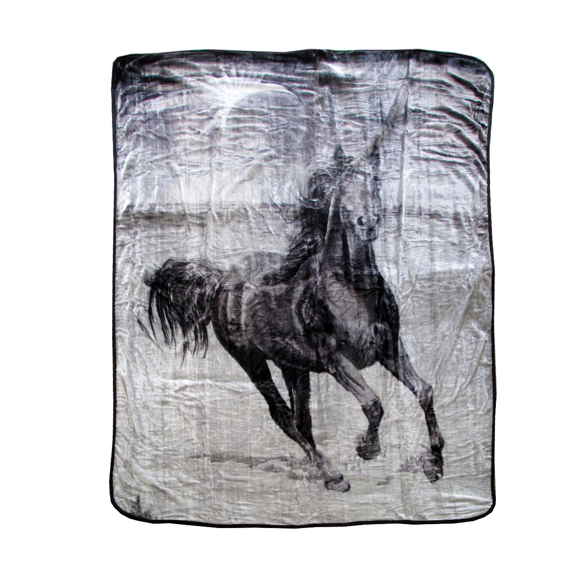 V442-BZO-BLANKET-3753DHORSE-SILVER-QS-97839-00 375gsm 1 Ply 3D Print Faux Mink Blanket Queen 200x240 cm Galloping Horse - Image 1