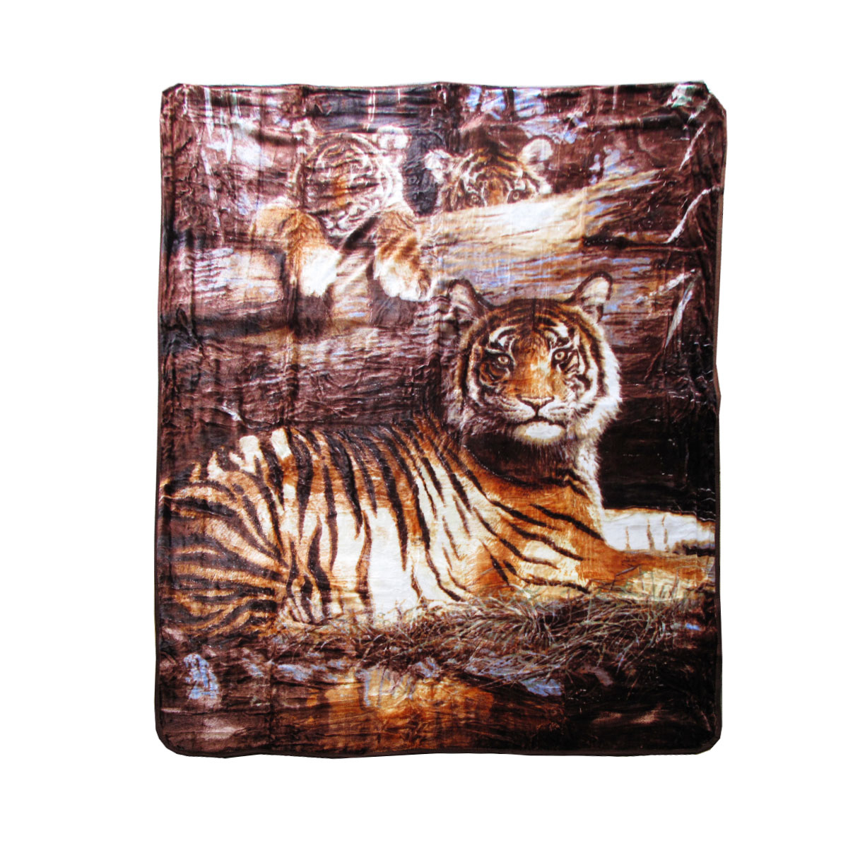 V442-BZO-BLANKET-3753DTIGER-BROWN-QS-97838-00 375gsm 1 Ply 3D Print Faux Mink Blanket Queen 200x240 cm Tiger Family - Image 1