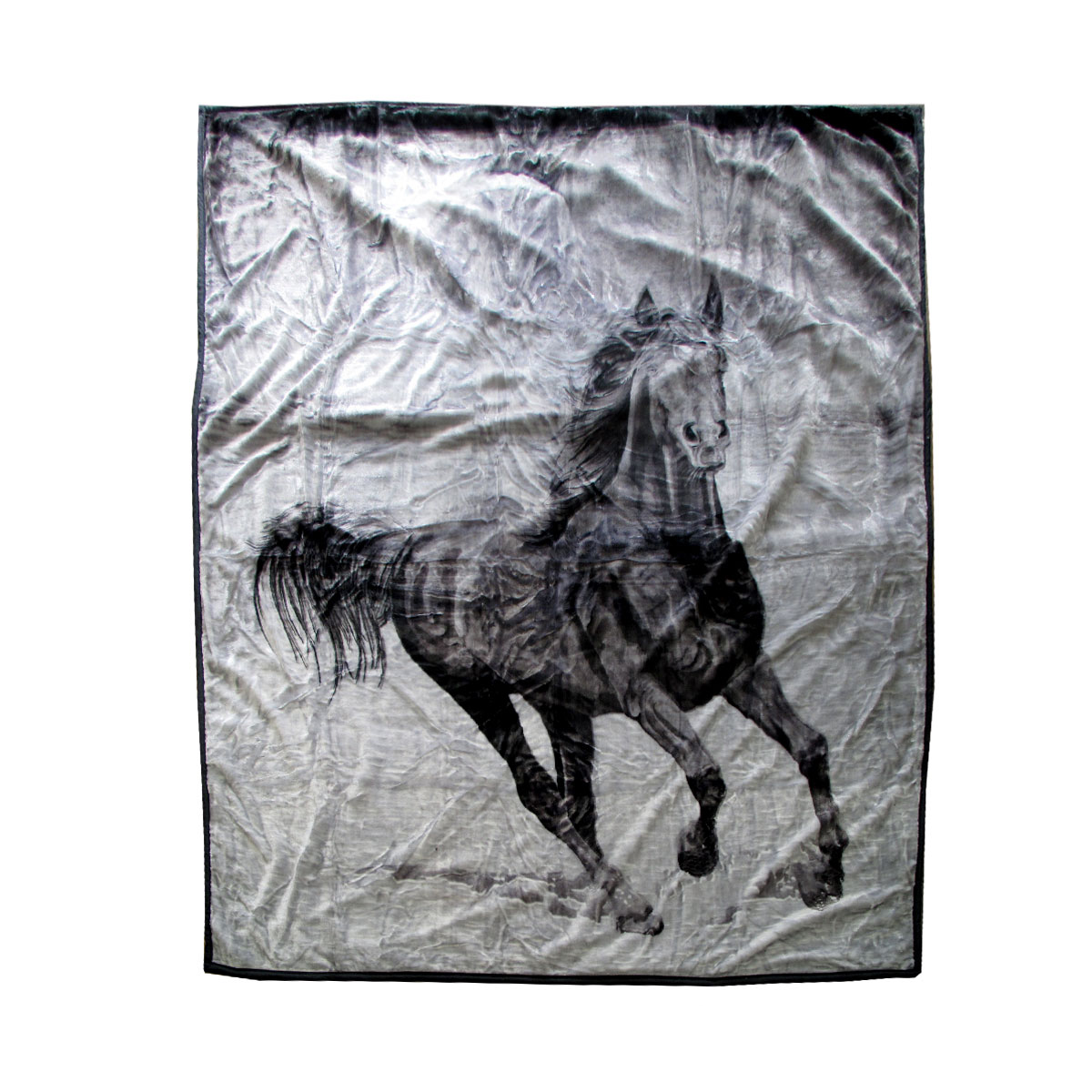 V442-BZO-BLANKET-6753DHORSE-SILVER-QS-97830-00 675gsm 2 Ply 3D Print Faux Mink Blanket Queen 200x240 cm Galloping Horse - Image 1
