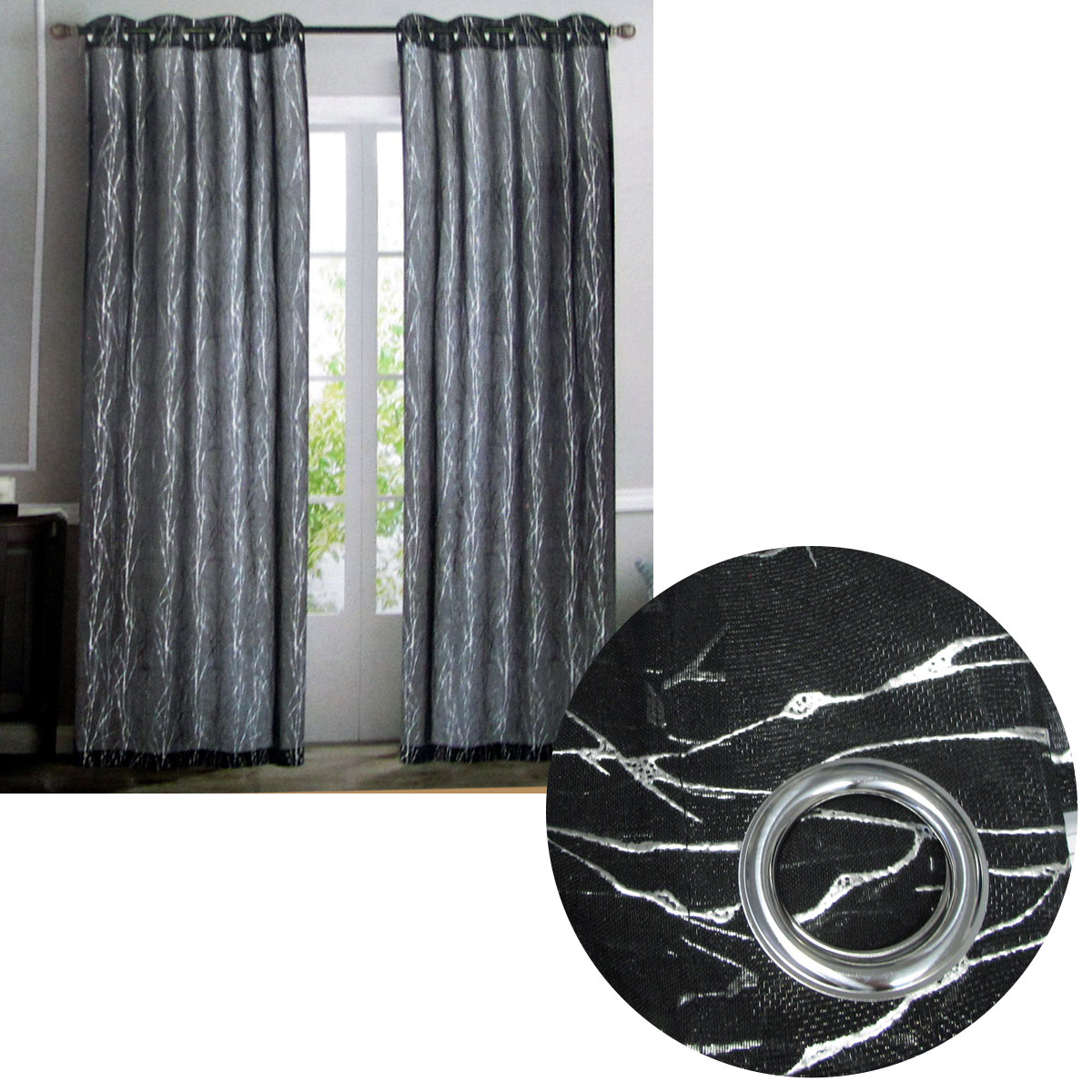 V442-BZO-CURTAIN-PAIRSHEERFOIL-BLACKSILVER-RE-98537-00 Pair of Sheer Eyelet Curtains Black with Silver Foils 137 x 213 cm - Image 1