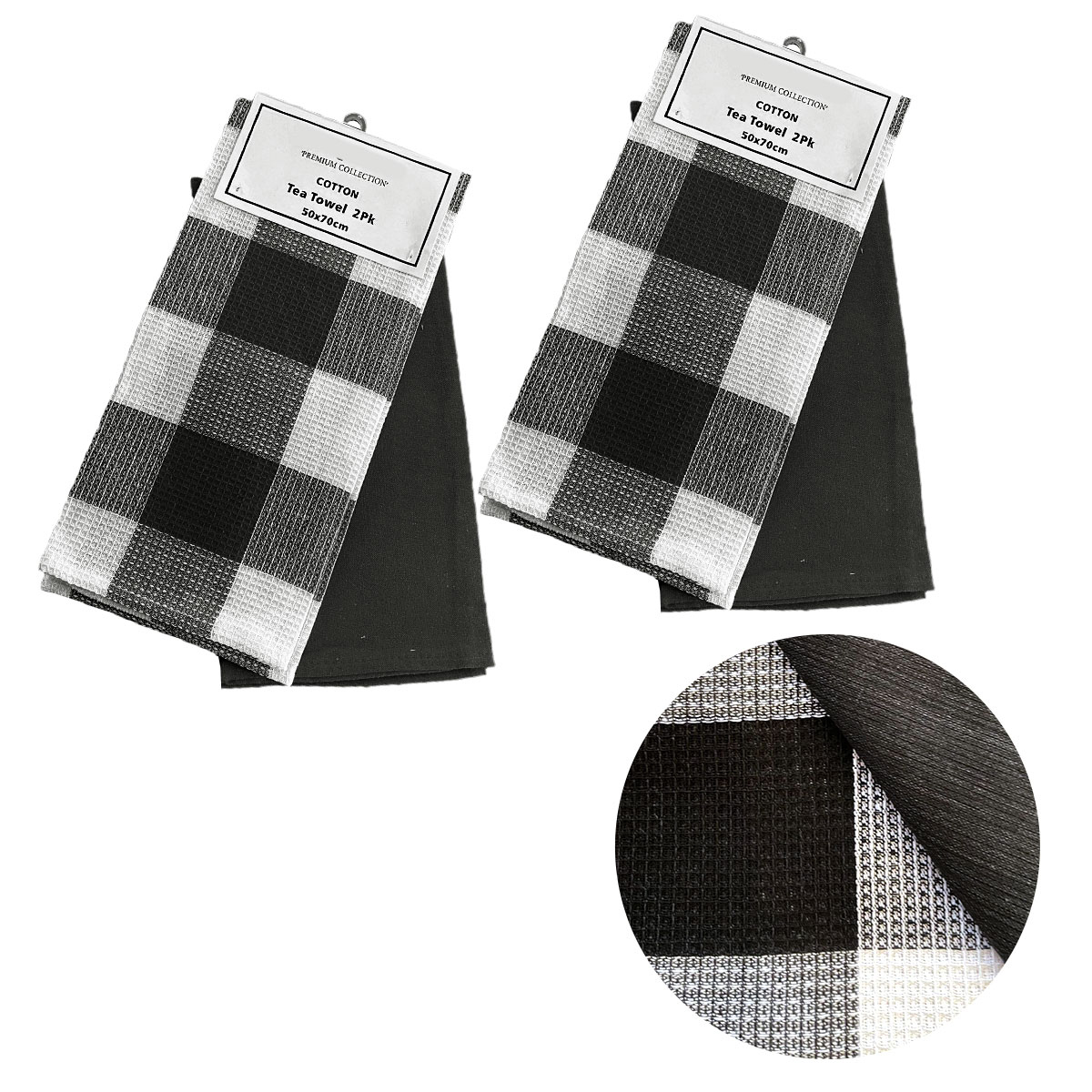 V442-BZO-TEAT-WAFFLECHECK-BLACK-RE-97813-00 Set of 4 Cotton Waffle Checkered & Plain Dyed Tea Towels 50cm x 70cm Black - Image 1