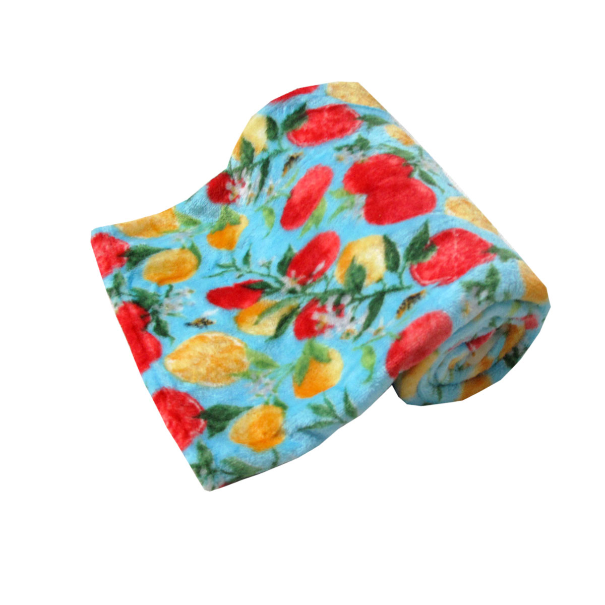 V442-BZO-THROW-CORALFRUITBEES-BLUE-RE-97852-00 190GSM Fashion Printed Ultra Soft Coral Fleece Throw 127 x 152cm Fruit & Bees - Image 1