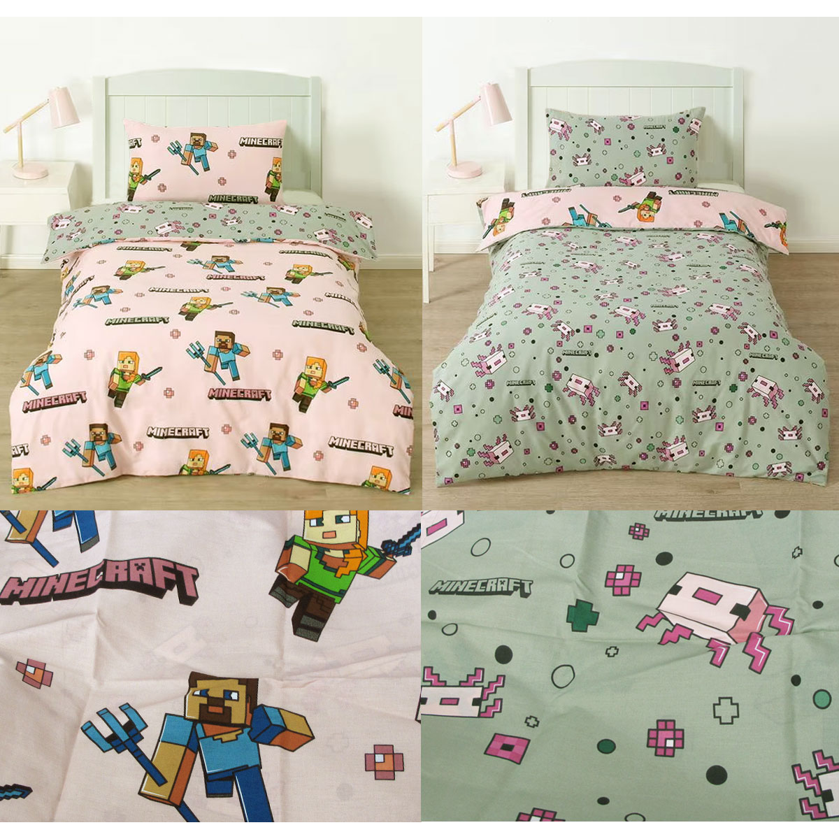 V442-CAP-QUILTCS-MINECRAFT-PINKGREY-SB-183886-00 MOJANG Minecraft Reversible Cotton Boys Girls Quilt Cover Set Single - Image 1
