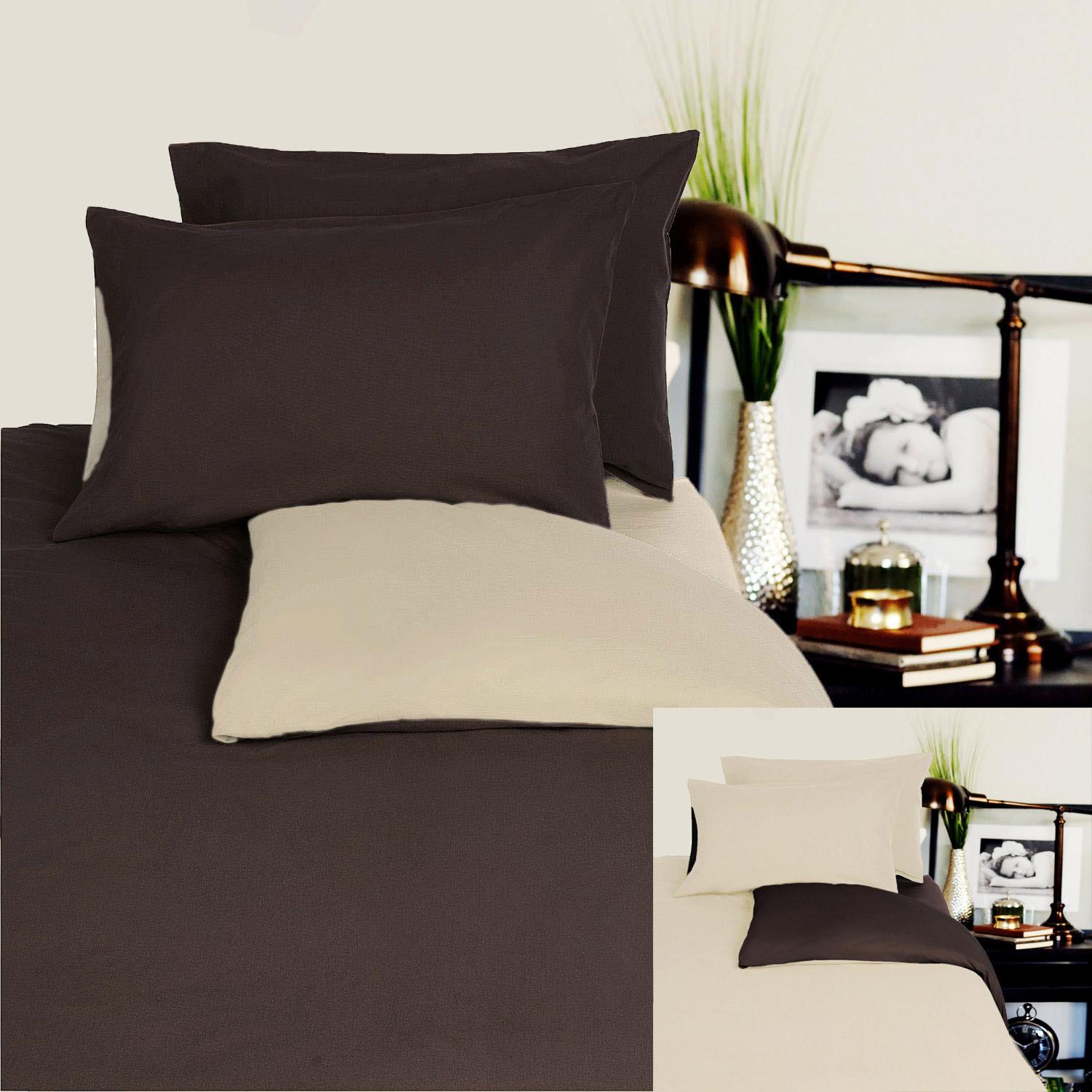 V442-GHT-QUILTCS-JERSEY-CHOCOLATE-QS-104360-00 Hotel Living Reversible 100% Cotton JERSEY Quilt Cover Set Chocolate / Linen - QUEEN - Image 1
