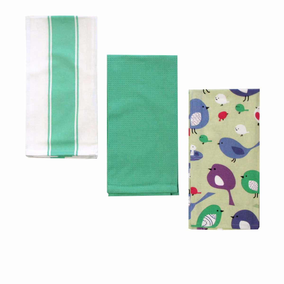 V442-GNA-TEAT-BIRDIESETOF3-MINT-RE-210958-00 Home Oasis Set of 3 Printed Cotton Rich Tea Towels 50 x 70 cm Birdie Mint - Image 1