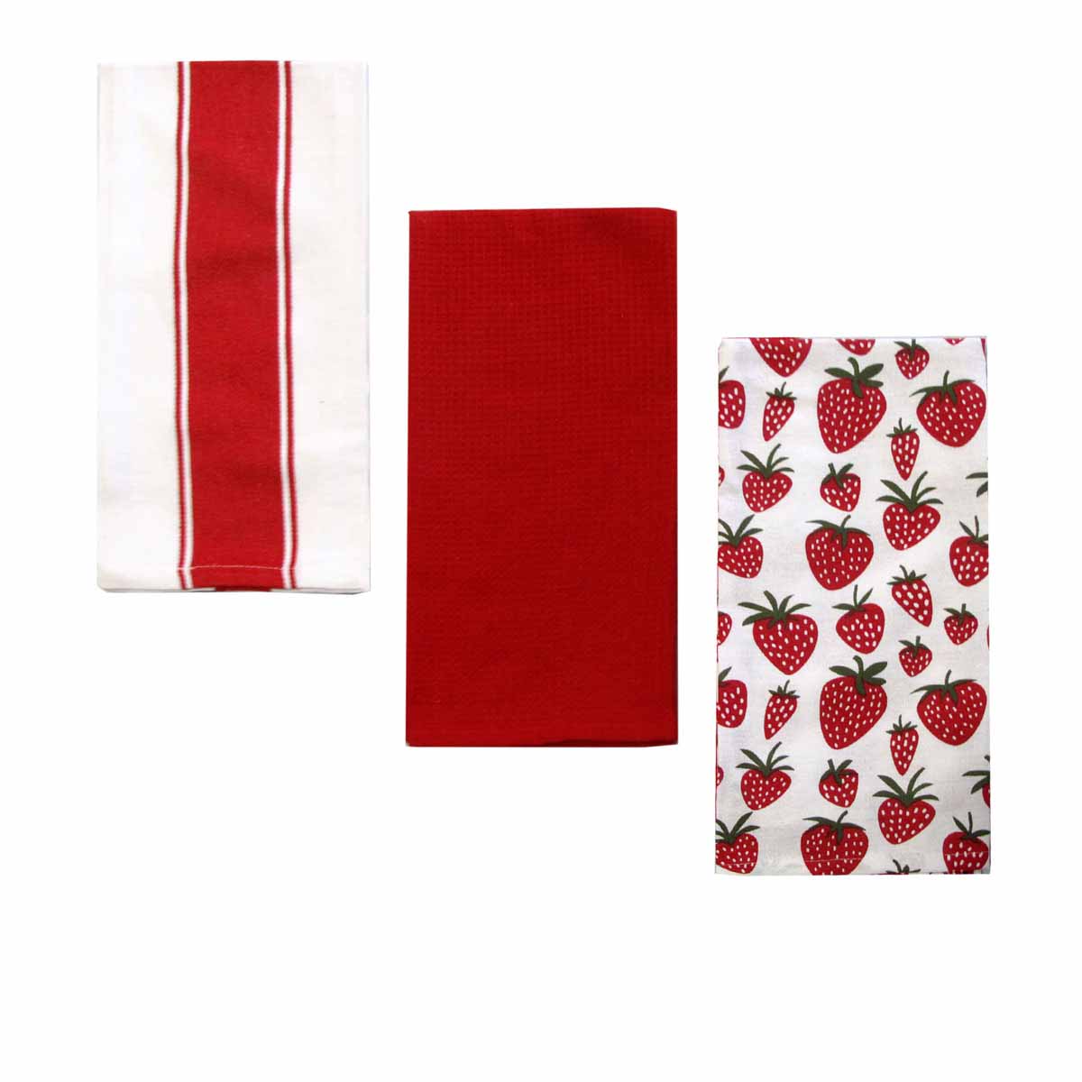 V442-GNA-TEAT-STRAWBERRYSETOF3-RED-RE-210959-00 Home Oasis Set of 3 Printed Cotton Rich Tea Towels 50 x 70 cm Strawberry Red - Image 1