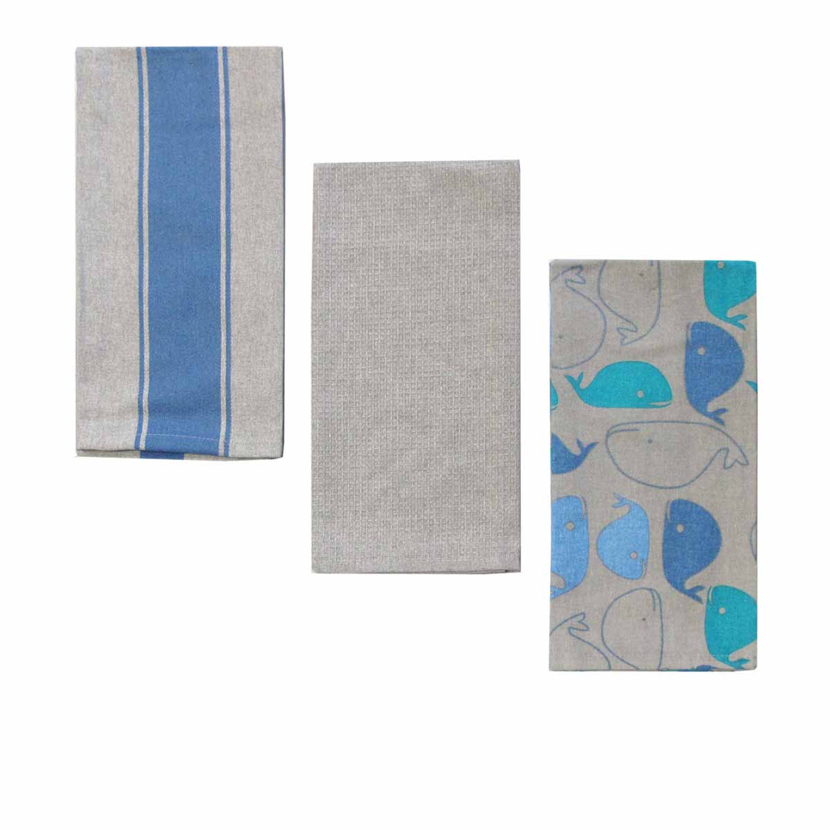 V442-GNA-TEAT-WHALESETOF3-GREY-RE-210960-00 Home Oasis Set of 3 Printed Cotton Rich Tea Towels 50 x 70 cm Whale Grey - Image 1