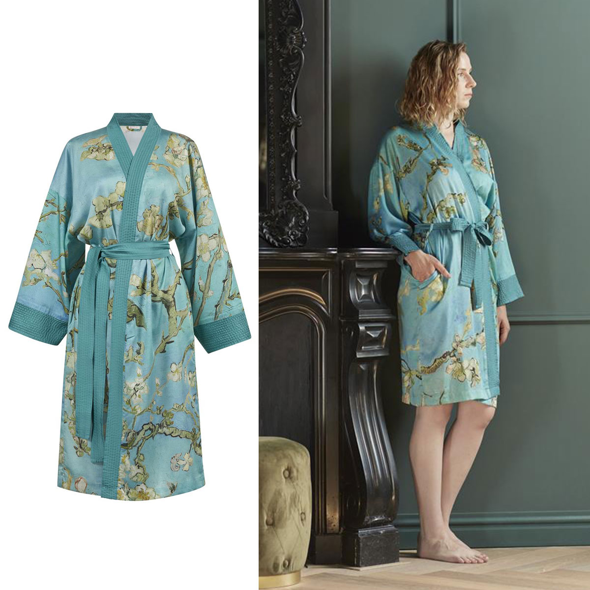 V442-HIN-BATHROBE-ALMONDBLOSSOM-BLUE-L-83584-00 Bedding House Van Gogh Almond Blossom Blue Kimono Bath Robe Large/Extra Large - Image 1